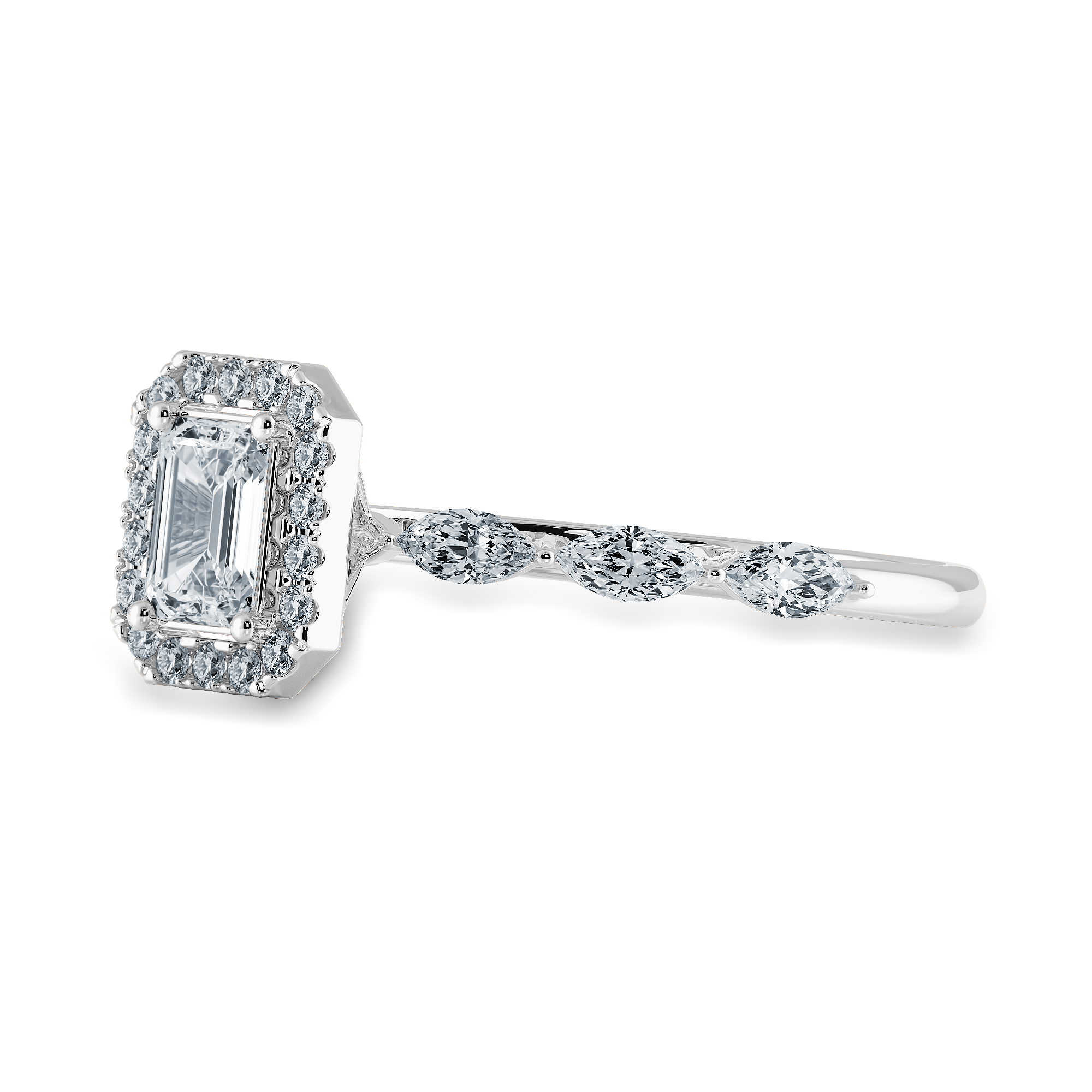 50-Pointer Emerald Cut Solitaire Halo Diamonds with Marquise Cut Diamonds Platinum Ring JL PT 1272-A   Jewelove.US