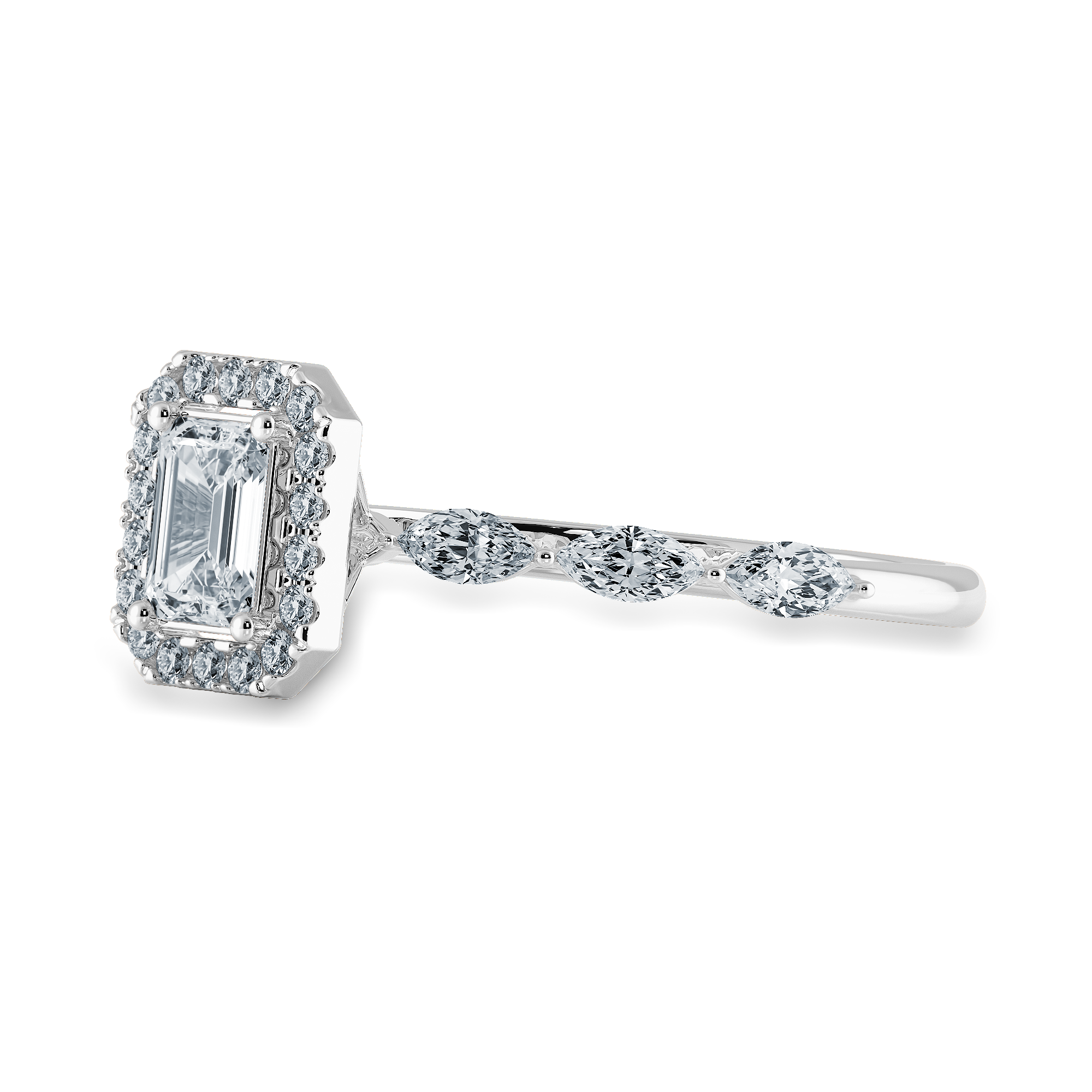 70-Pointer Emerald Cut Solitaire Halo Diamonds with Marquise Cut Diamonds Platinum Ring JL PT 1272-B