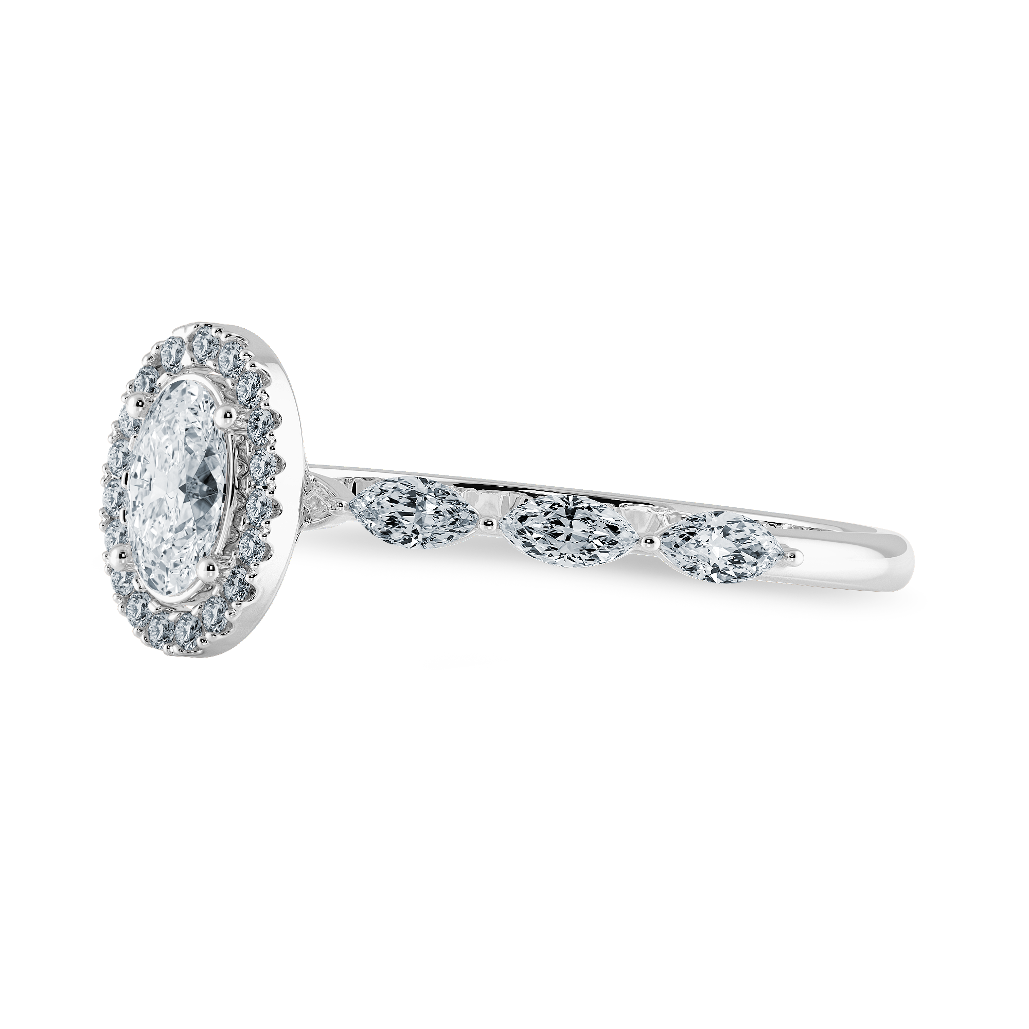 70-Pointer Oval Cut Solitaire Halo Diamonds with Marquise Cut Accents Platinum Ring JL PT 1275-B   Jewelove.US