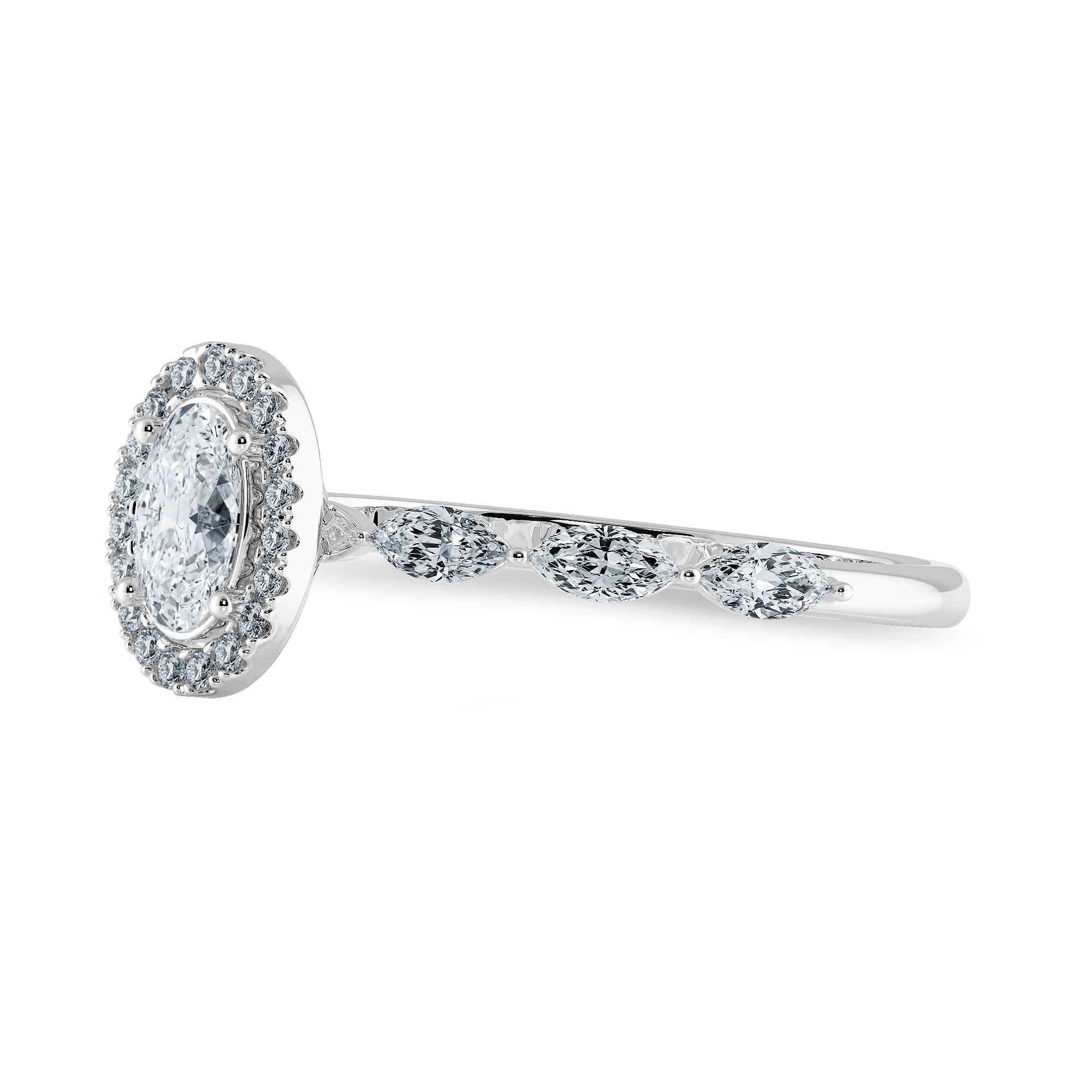 50-Pointer Oval Cut Solitaire Halo Diamonds with Marquise Cut Accents Platinum Ring JL PT 1275-A   Jewelove.US