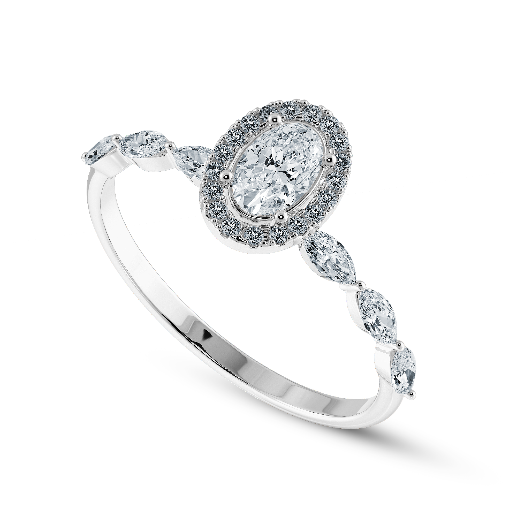 30-Pointer Oval Cut Solitaire Halo Diamonds with Marquise Cut Accents Platinum Ring JL PT 1275   Jewelove.US