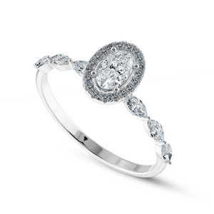 70-Pointer Oval Cut Solitaire Halo Diamonds with Marquise Cut Accents Platinum Ring JL PT 1275-B