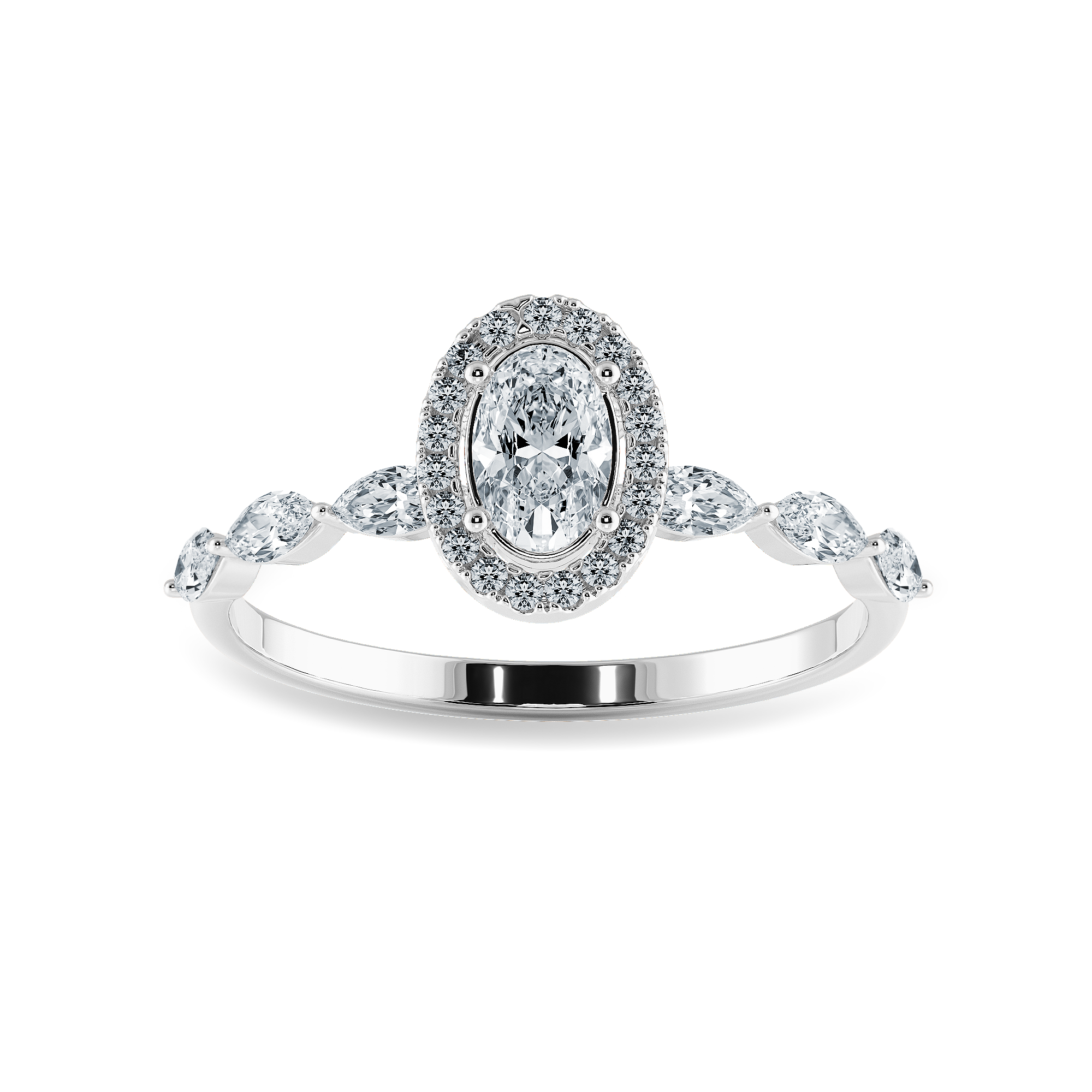 50-Pointer Oval Cut Solitaire Halo Diamonds with Marquise Cut Accents Platinum Ring JL PT 1275-A   Jewelove.US