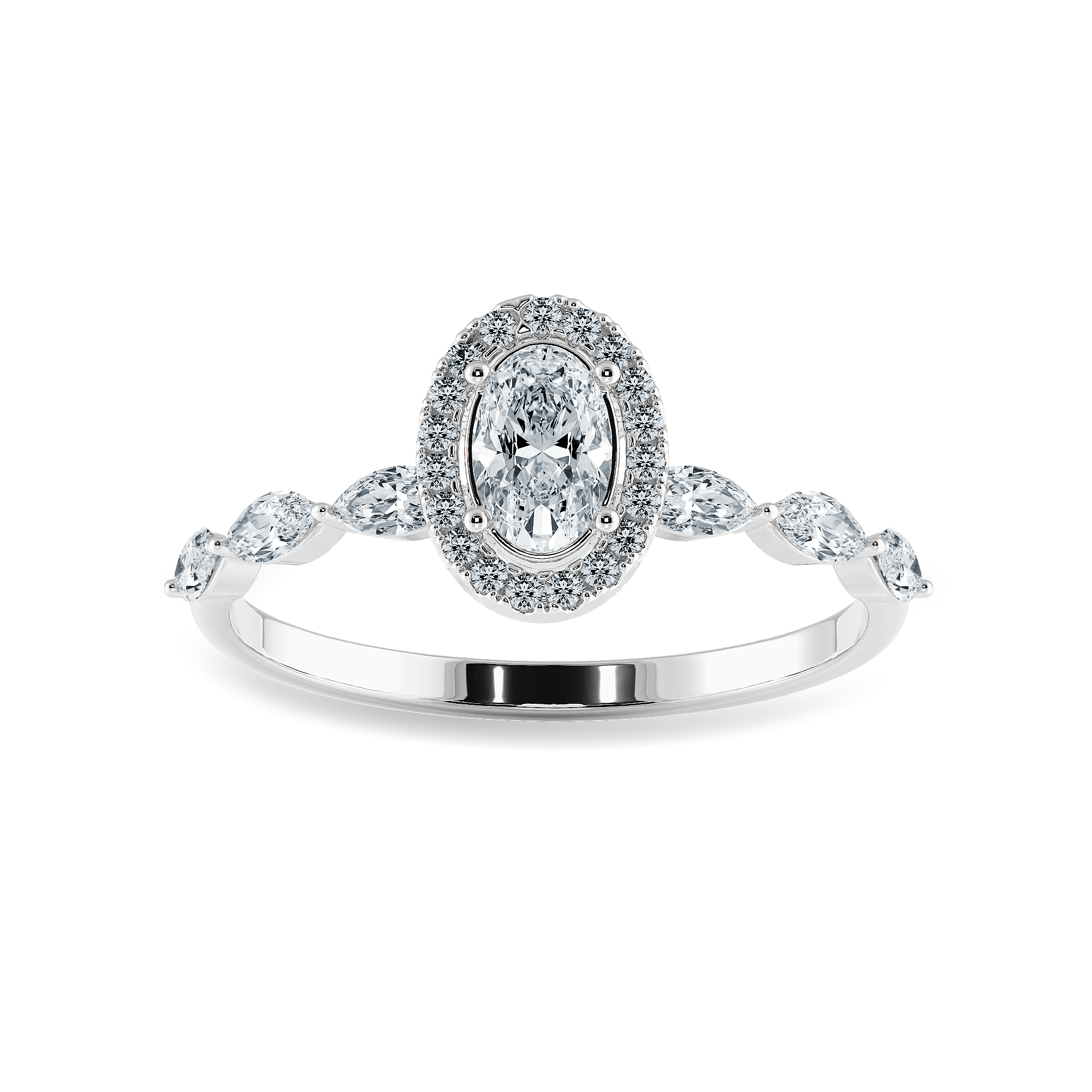 50-Pointer Oval Cut Solitaire Halo Diamonds with Marquise Cut Accents Platinum Ring JL PT 1275-A