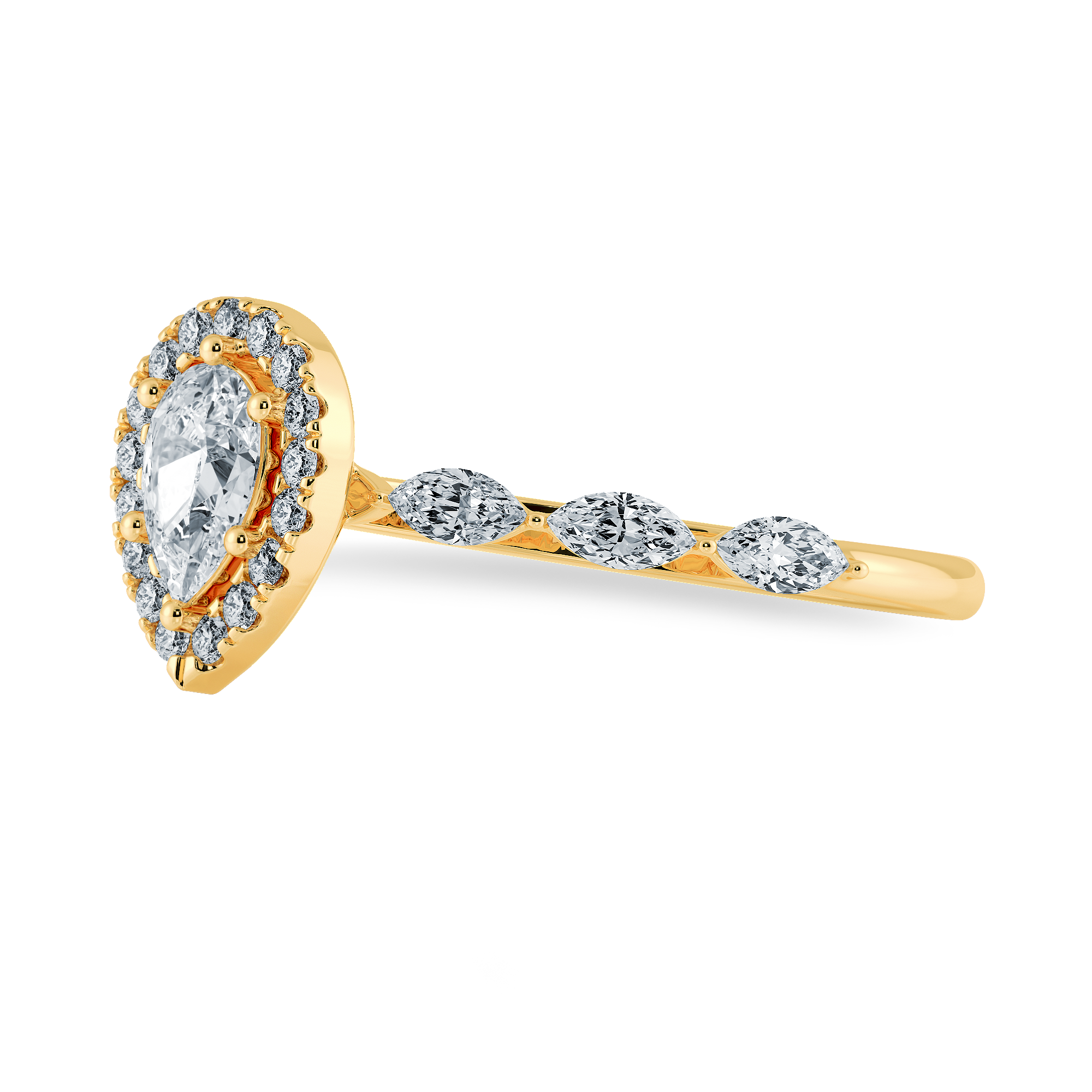 50-Pointer Pear Cut Solitaire Halo Diamond with Marquise Accents 18K Yellow Gold Ring JL AU 1276Y-A   Jewelove.US