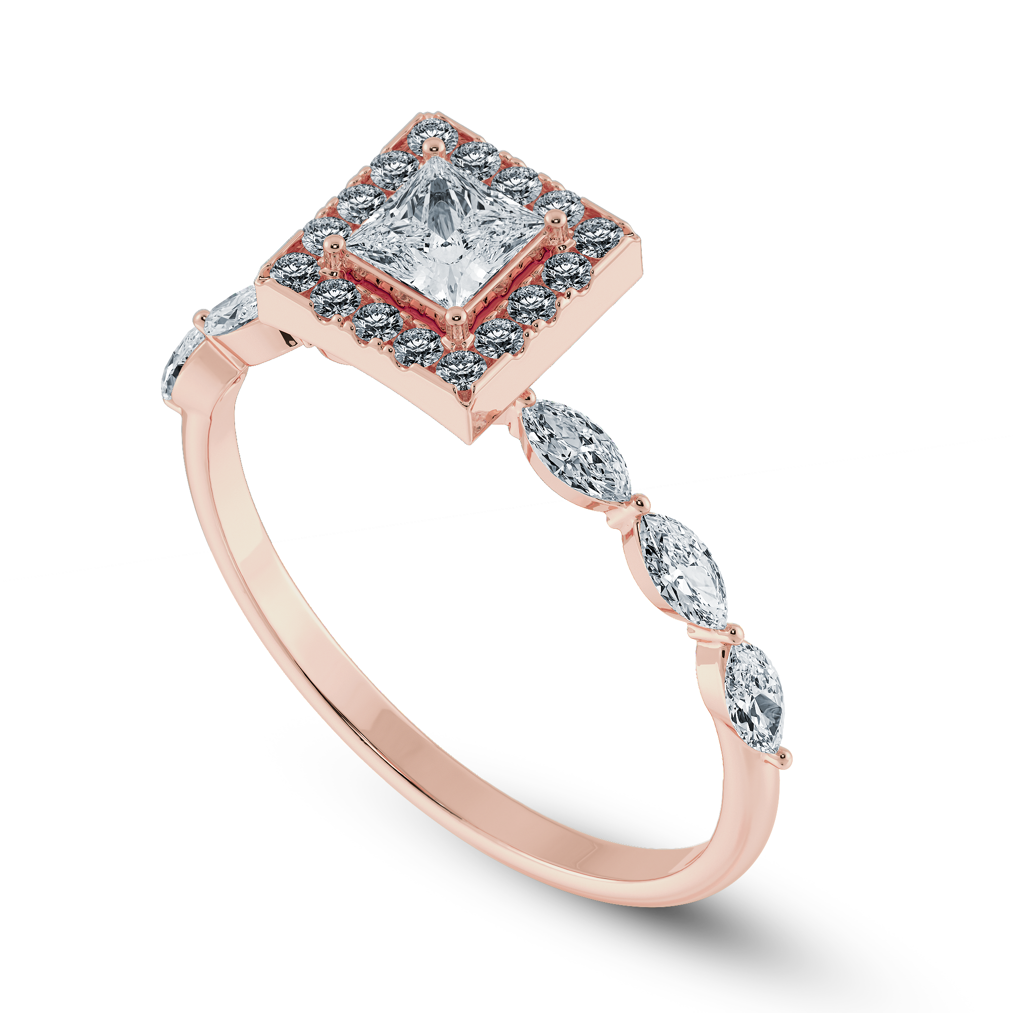 50-Pointer Princess Cut Solitaire Halo Diamond with Marquise Cut Diamond Accents 18K Rose Gold Ring JL AU 1277R-A   Jewelove.US