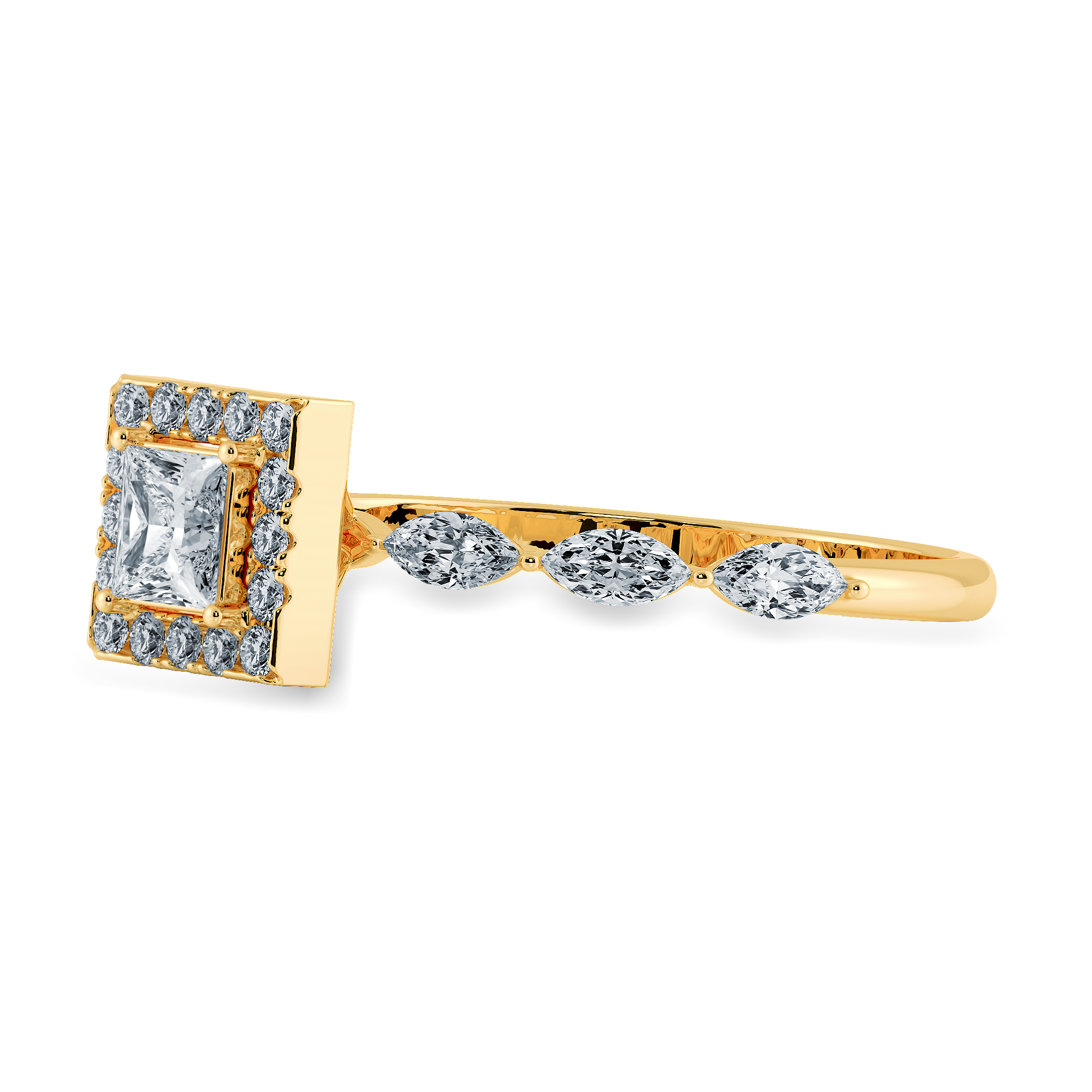 70-Pointer Princess Cut Solitaire Halo Diamond with Marquise Cut Diamond Accents 18K Yellow Gold Ring JL AU 1277Y-B   Jewelove.US