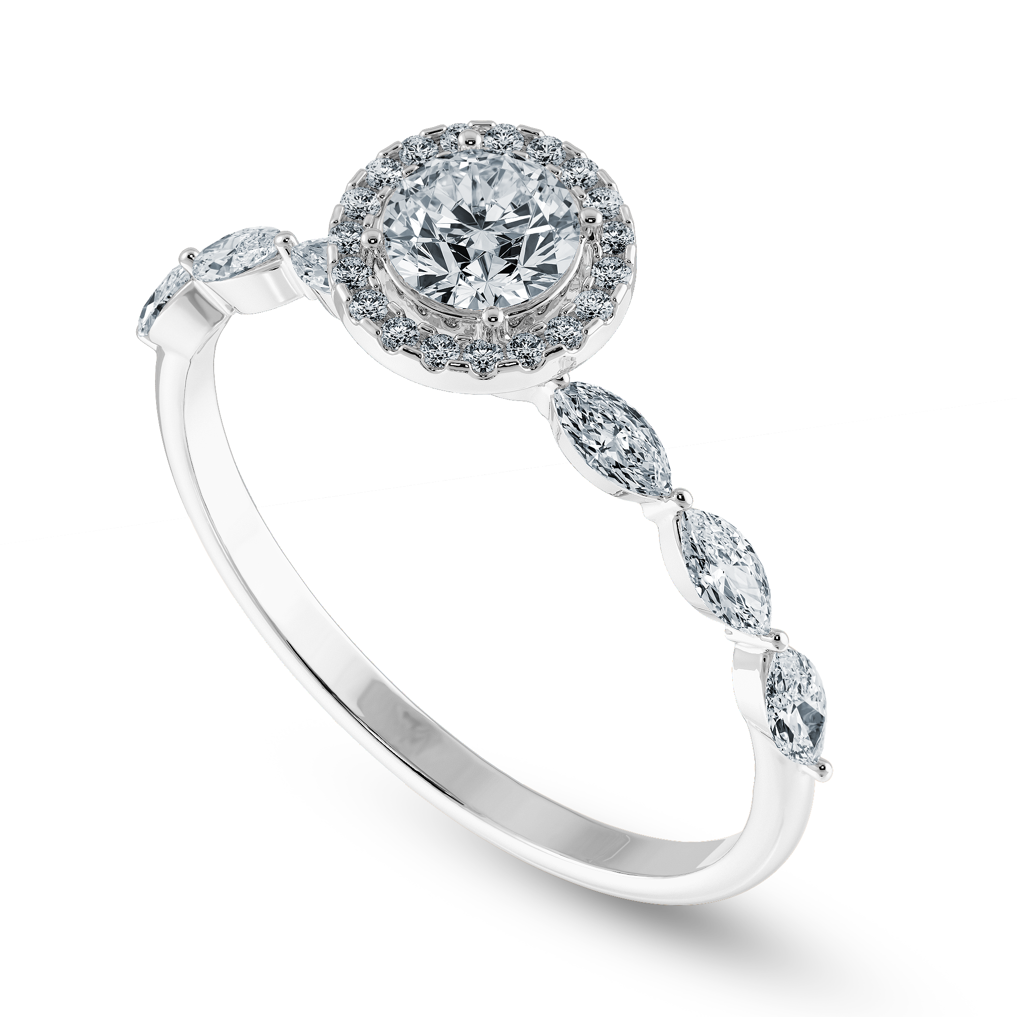 30-Pointer Solitaire Halo Diamond with Marquise Cut Diamond Accents Platinum Ring JL PT 1278   Jewelove.US