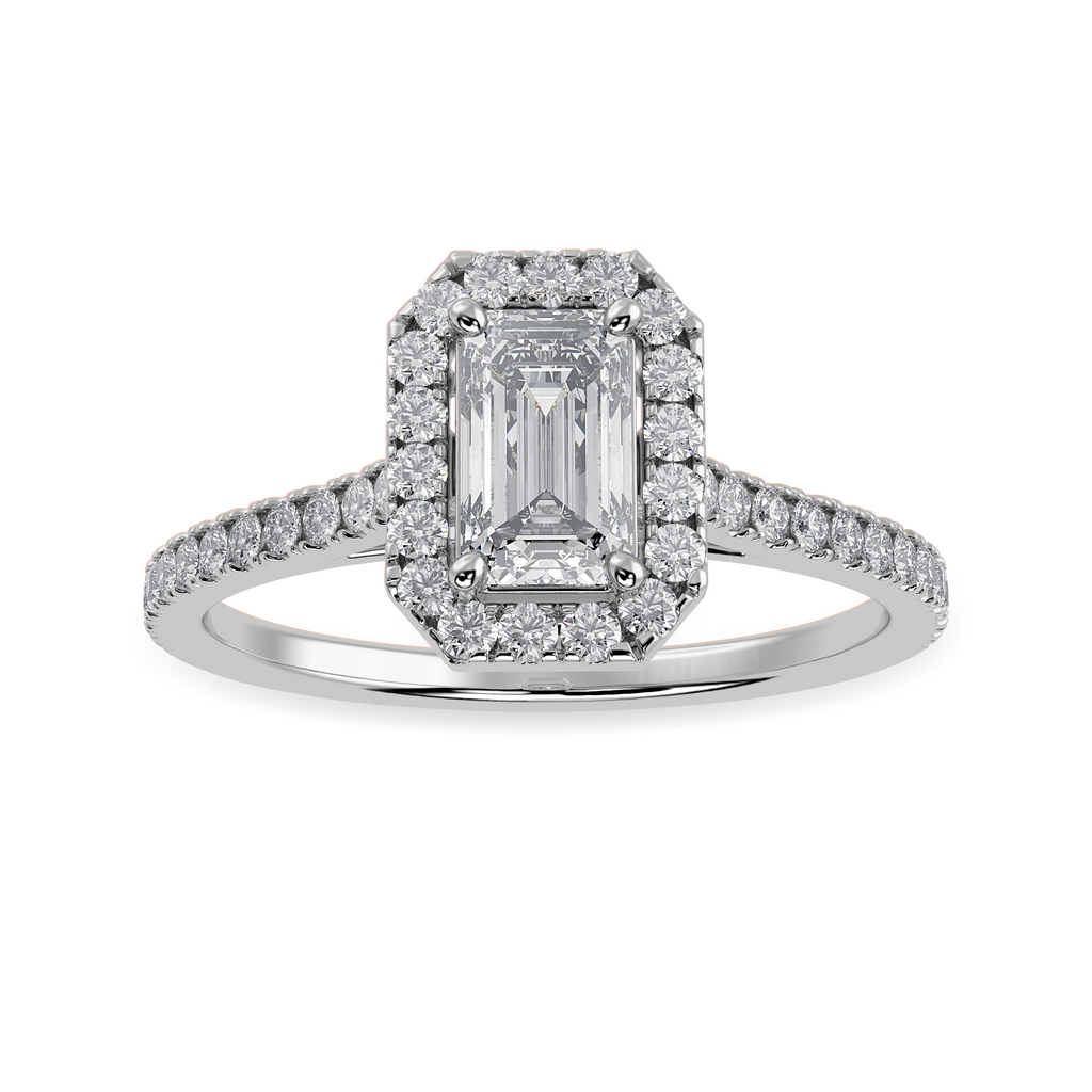 70-Pointer Emerald Cut Solitaire Halo Diamond Shank Platinum Ring JL PT 1288-B   Jewelove.US