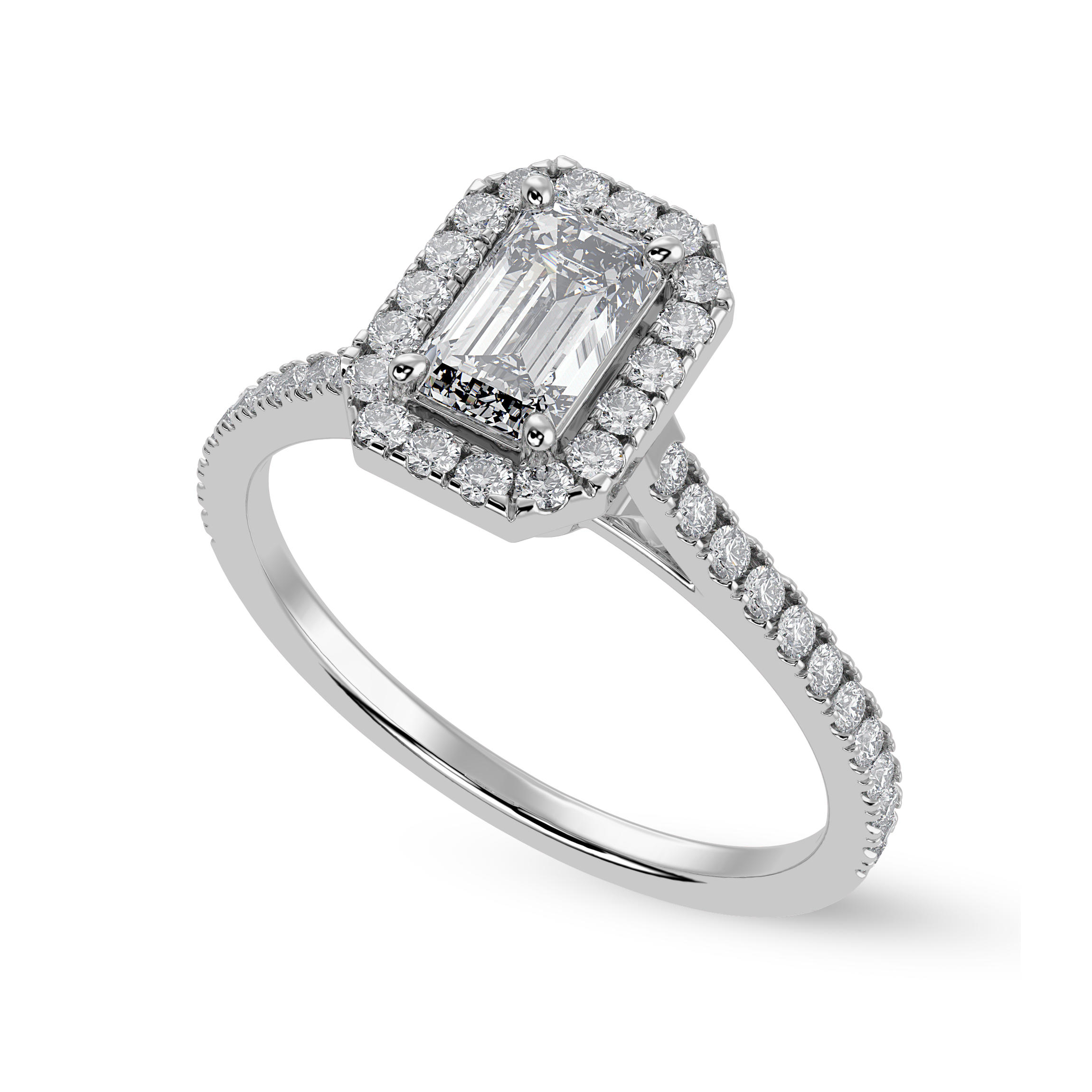 70-Pointer Emerald Cut Solitaire Halo Diamond Shank Platinum Ring JL PT 1288-B   Jewelove.US