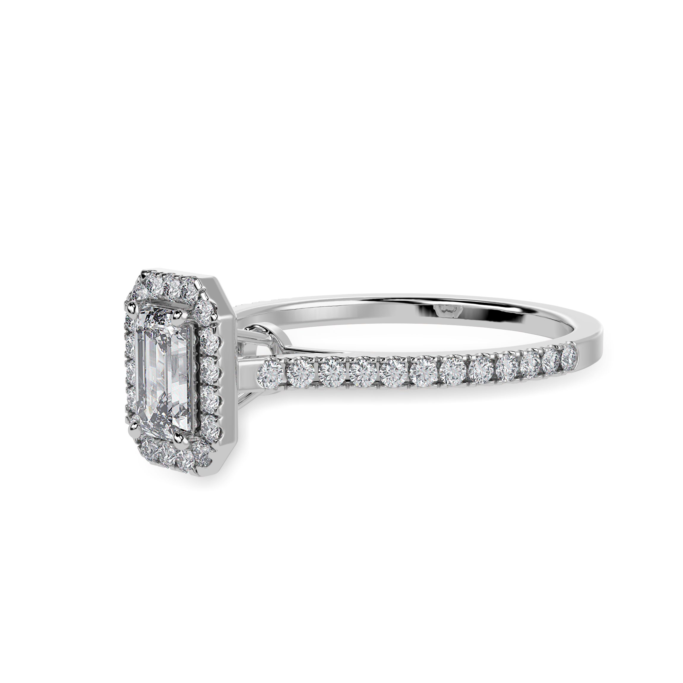 50-Pointer Emerald Cut Solitaire Halo Diamond Shank Platinum Ring JL PT 1288-A   Jewelove.US