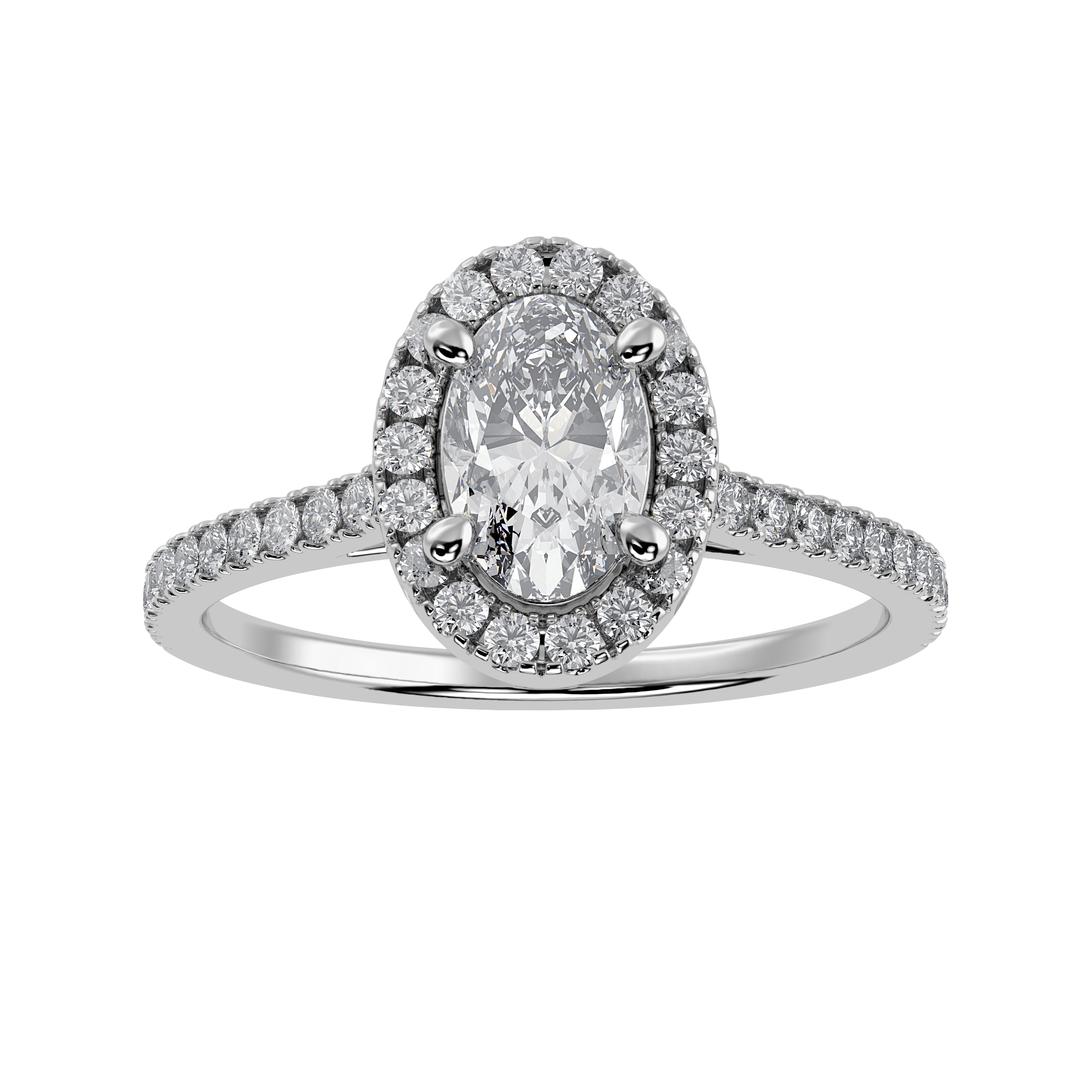 30-Pointer Oval Cut Solitaire Halo Diamond Shank Platinum Ring JL PT 1291   Jewelove.US