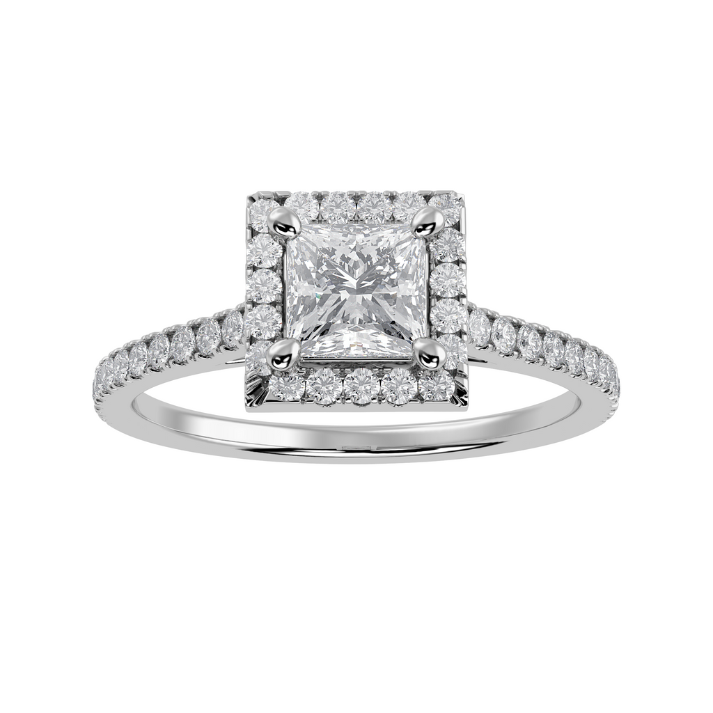 70-Pointer Princess Cut Solitaire Halo Diamond Shank Platinum Ring JL PT 1293-B   Jewelove.US