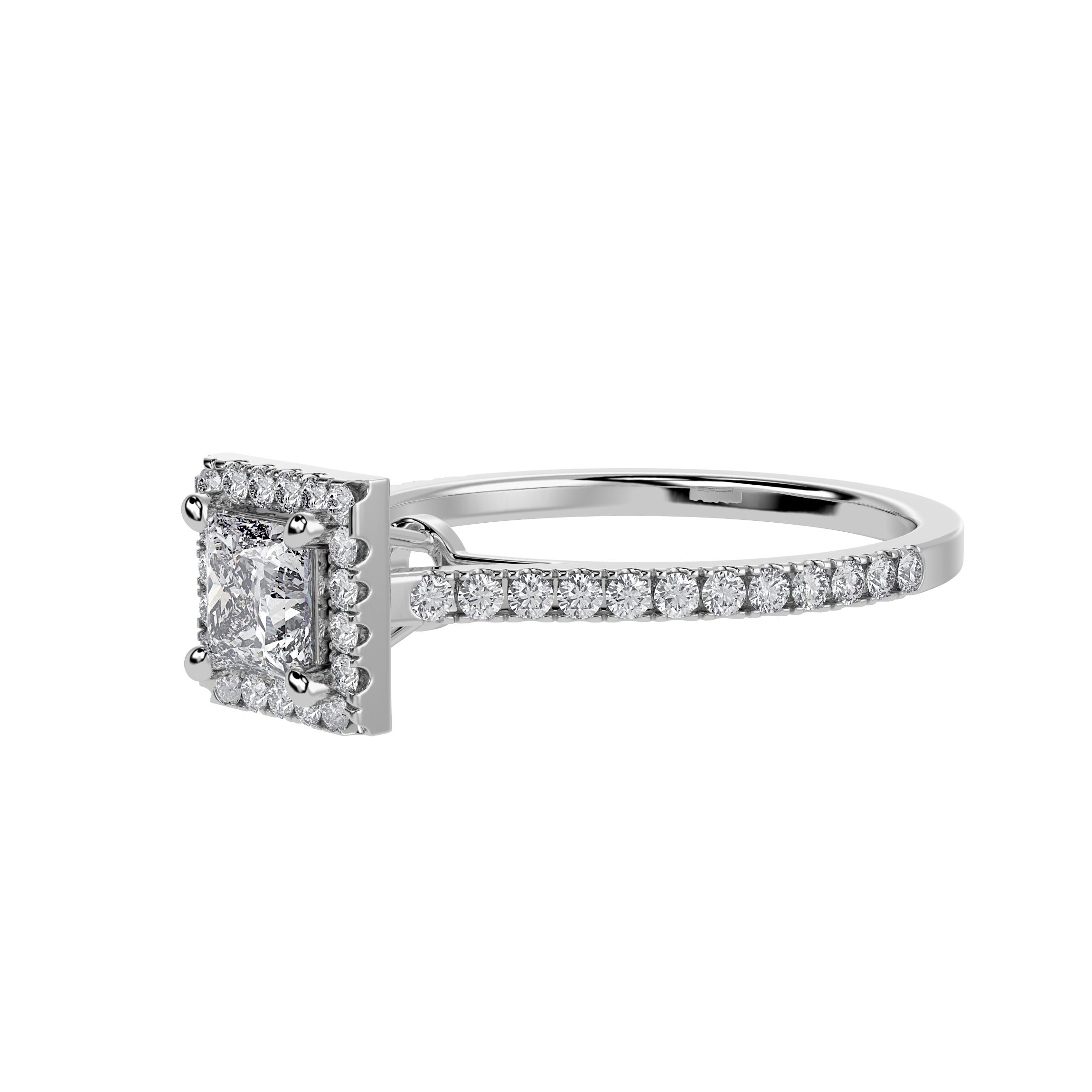 50-Pointer Princess Cut Solitaire Halo Diamond Shank Platinum Ring JL PT 1293-A   Jewelove.US