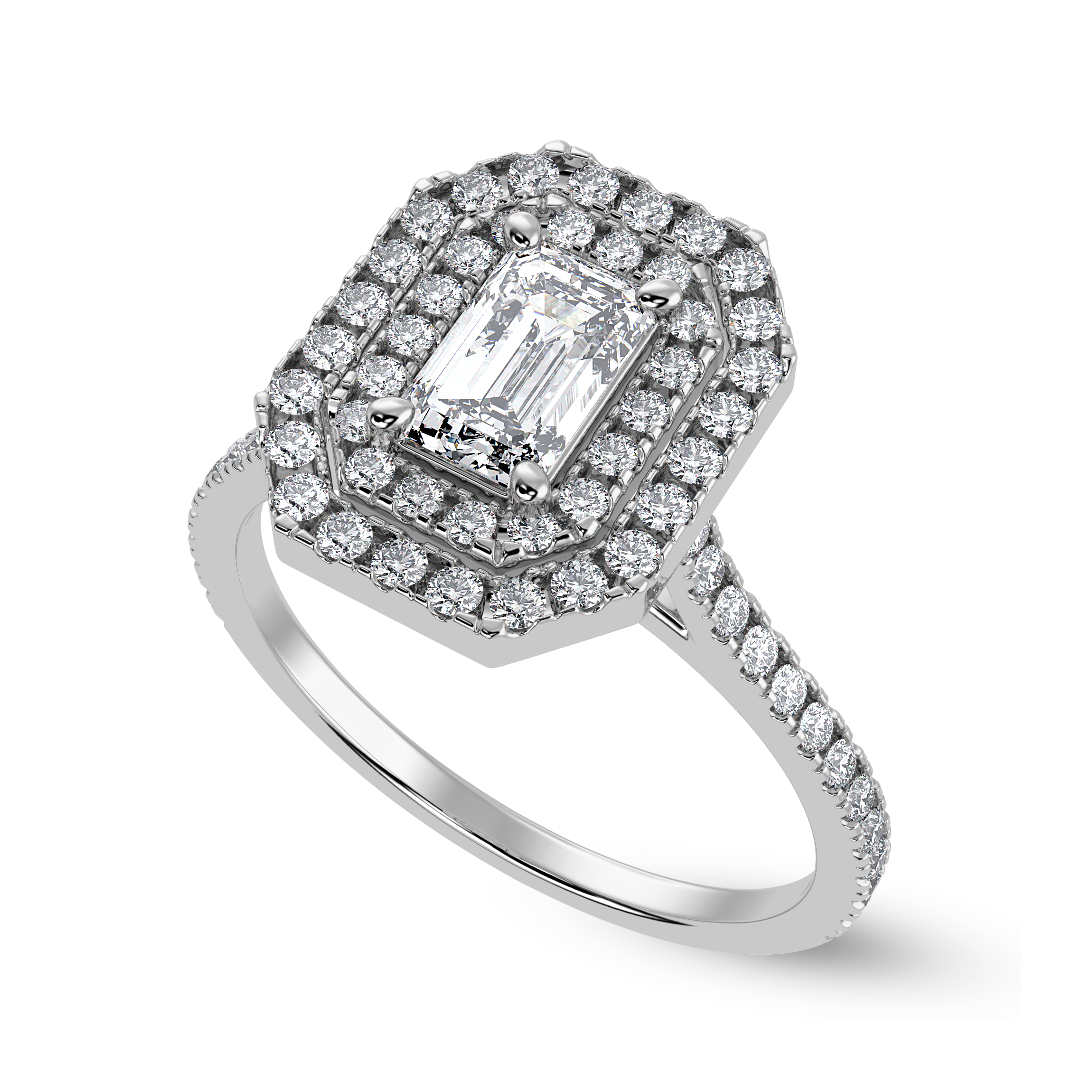 70-Pointer Emerald Cut Solitaire Double Halo Diamond Shank Platinum Ring JL PT 1296-B   Jewelove.US