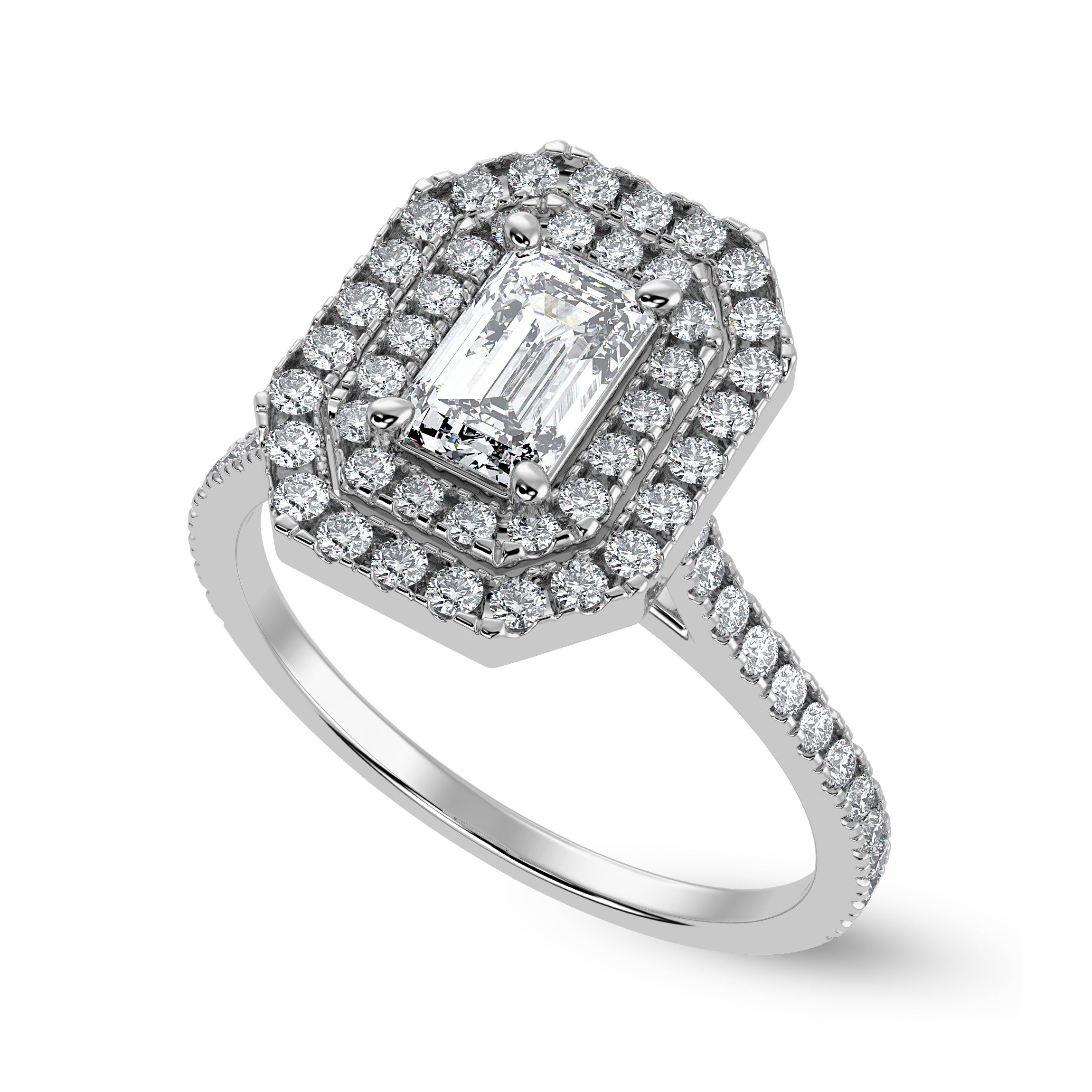 50-Pointer Emerald Cut Solitaire Double Halo Diamond Shank Platinum Ring JL PT 1296-A   Jewelove.US