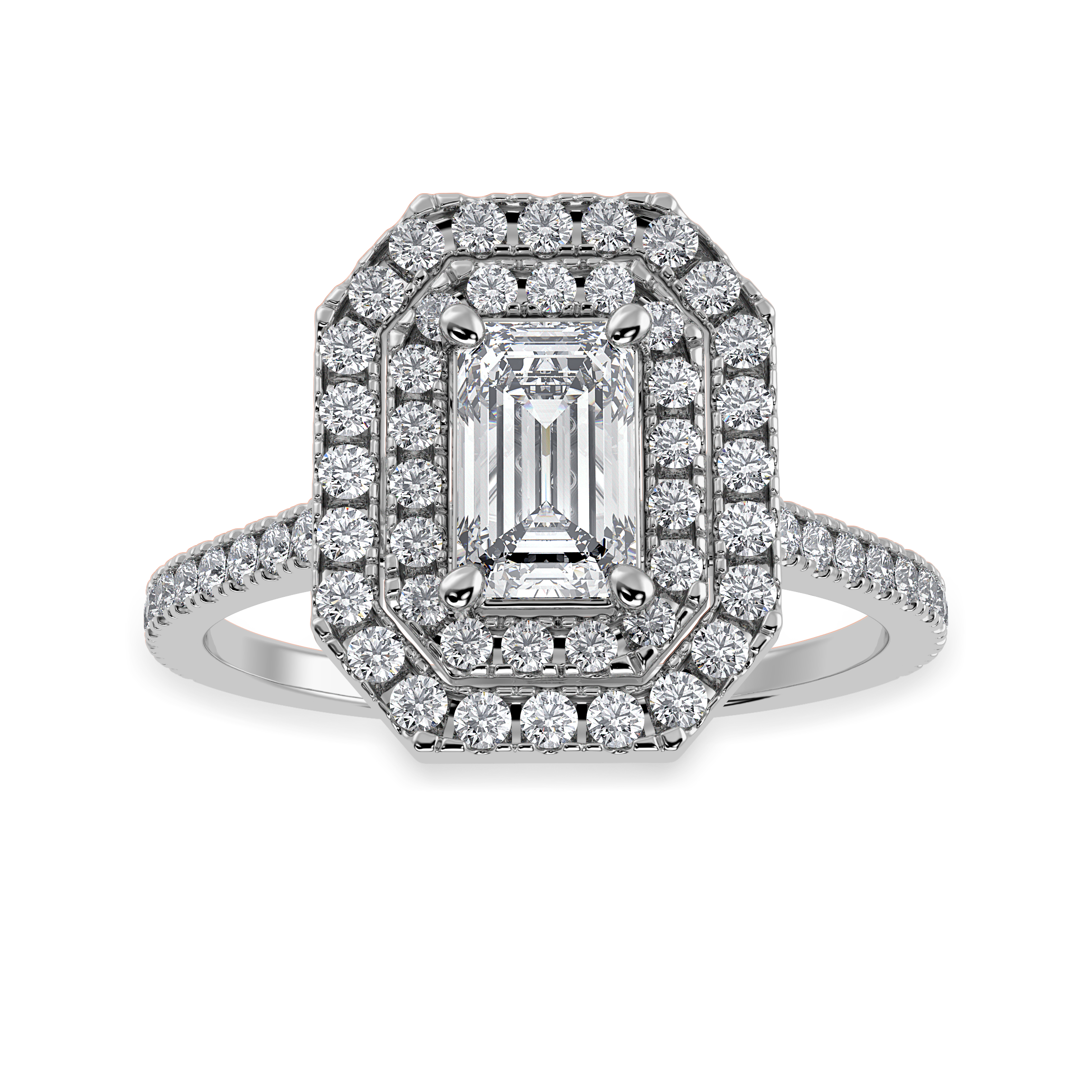 50-Pointer Emerald Cut Solitaire Double Halo Diamond Shank Platinum Ring JL PT 1296-A   Jewelove.US