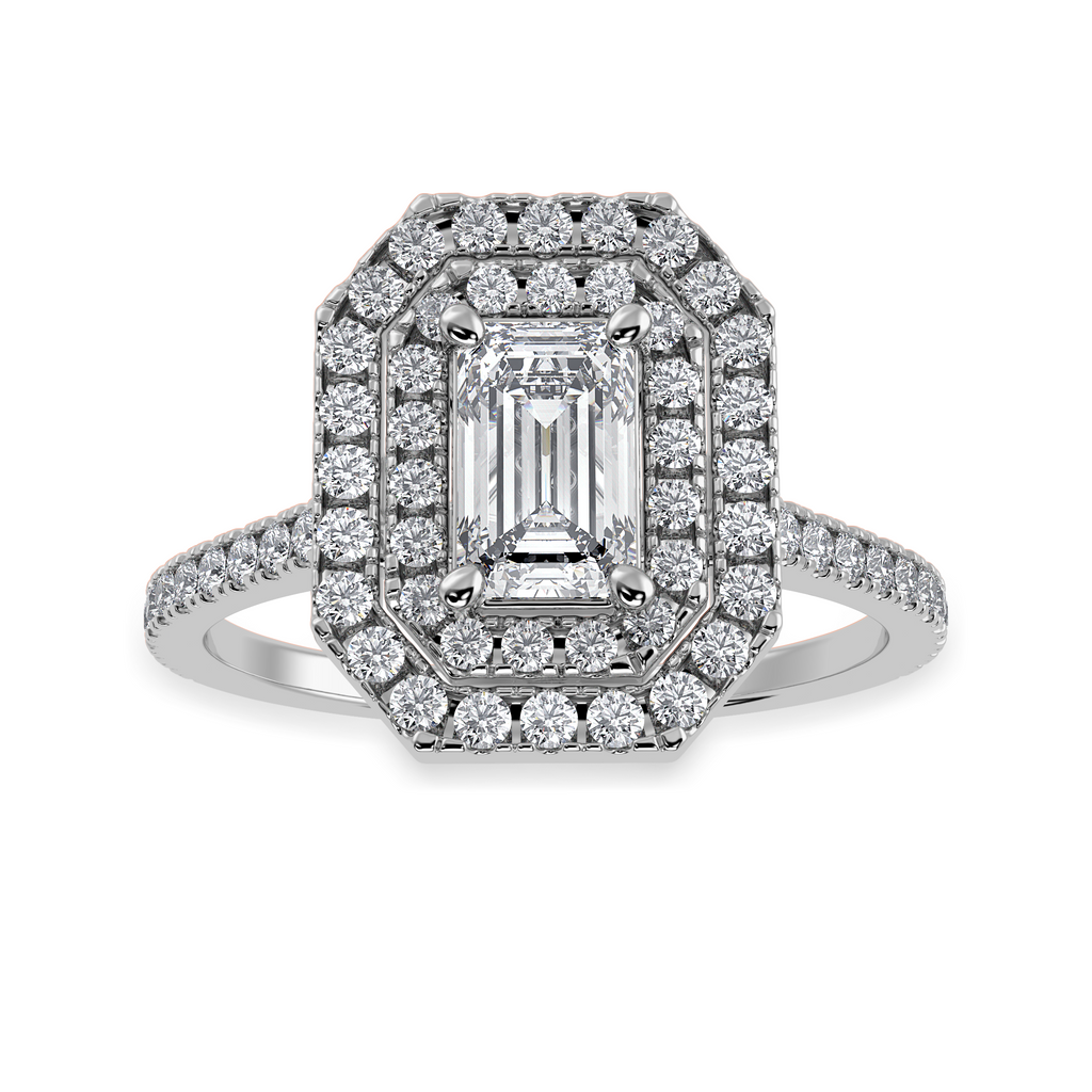 70-Pointer Emerald Cut Solitaire Double Halo Diamond Shank Platinum Ring JL PT 1296-B   Jewelove.US
