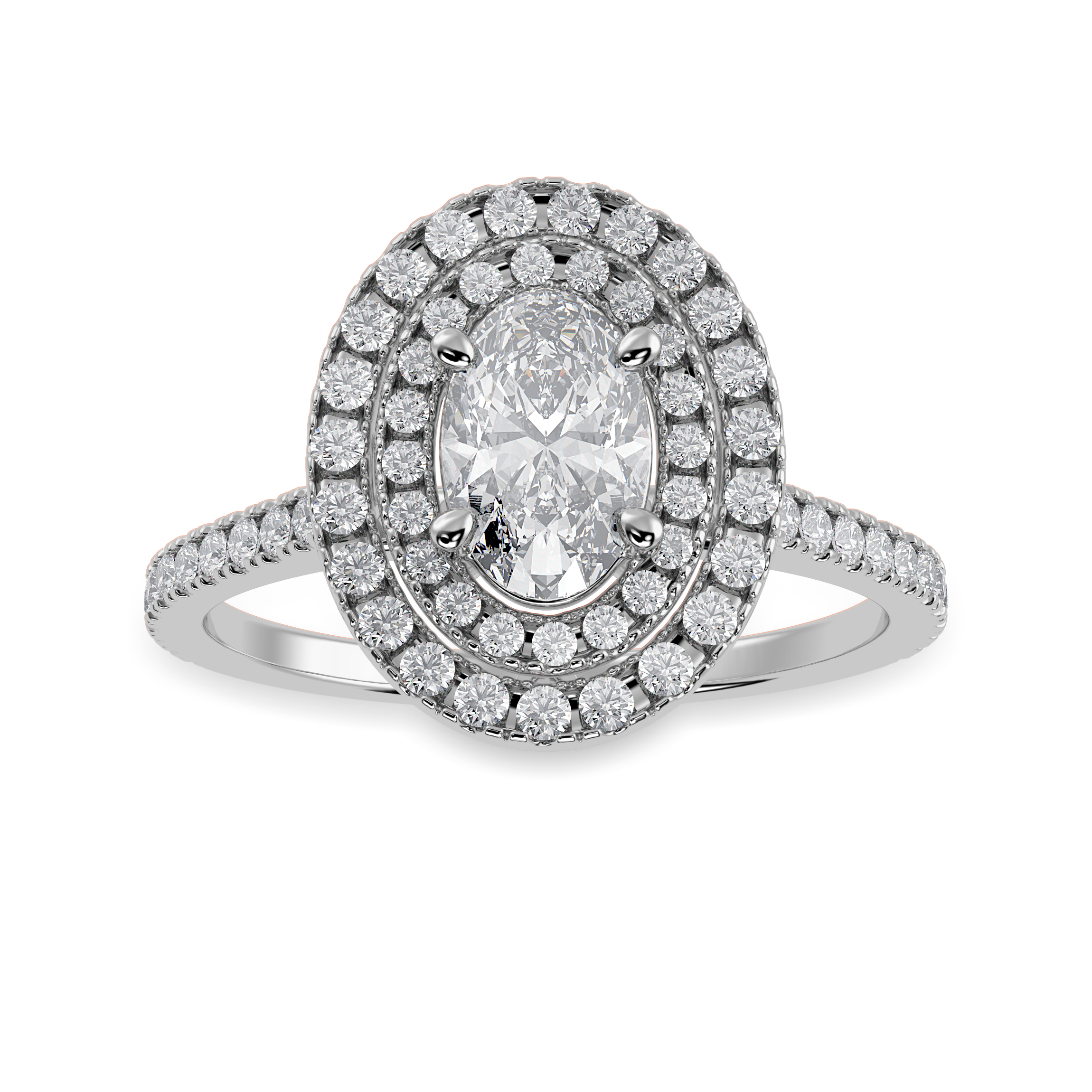 50-Pointer Oval Cut Solitaire Double Halo Diamond Shank Platinum Ring JL PT 1299-A   Jewelove.US