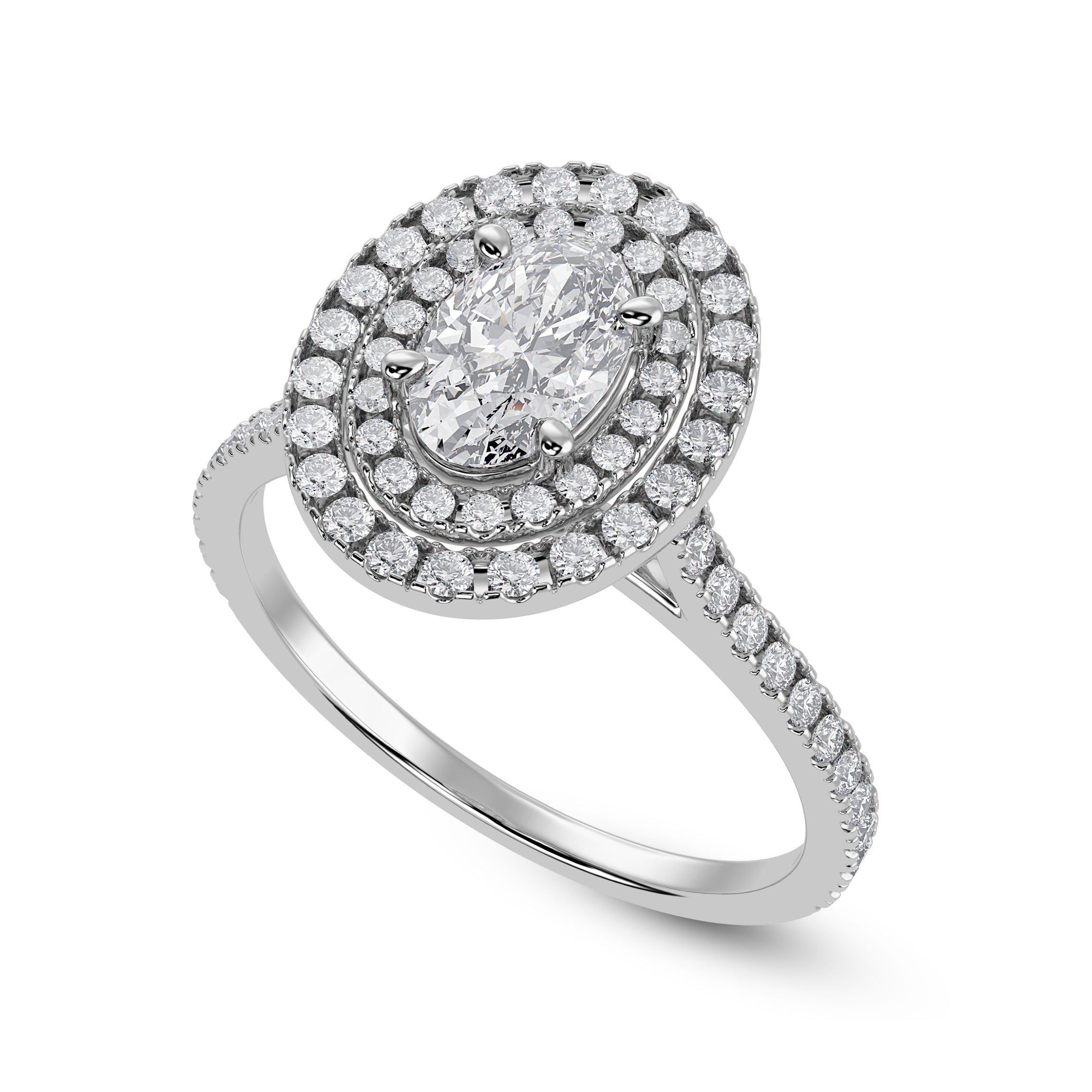50-Pointer Oval Cut Solitaire Double Halo Diamond Shank Platinum Ring JL PT 1299-A   Jewelove.US
