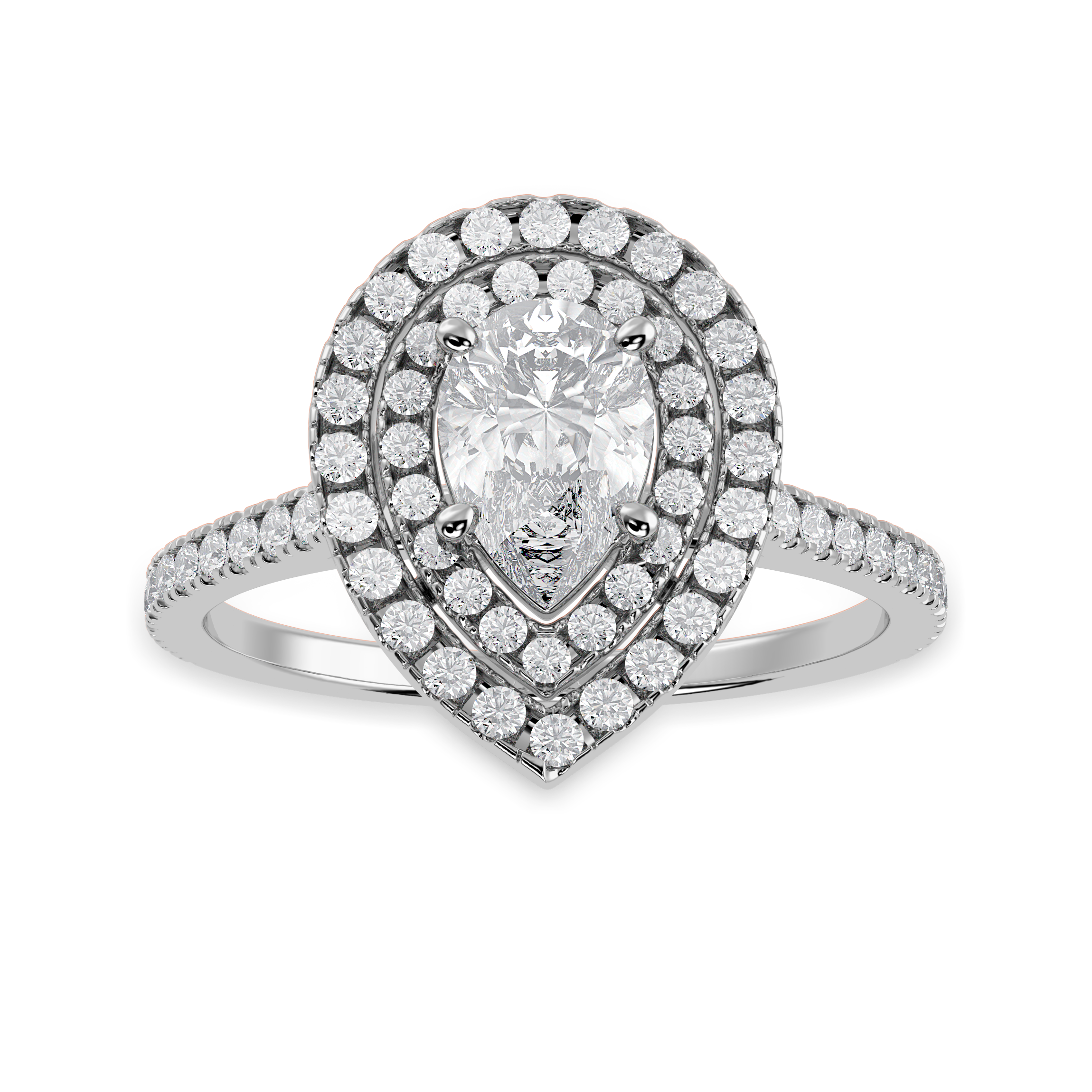 30-Pointer Pear Cut Solitaire Double Halo Diamond Shank Platinum Ring JL PT 1300   Jewelove.US