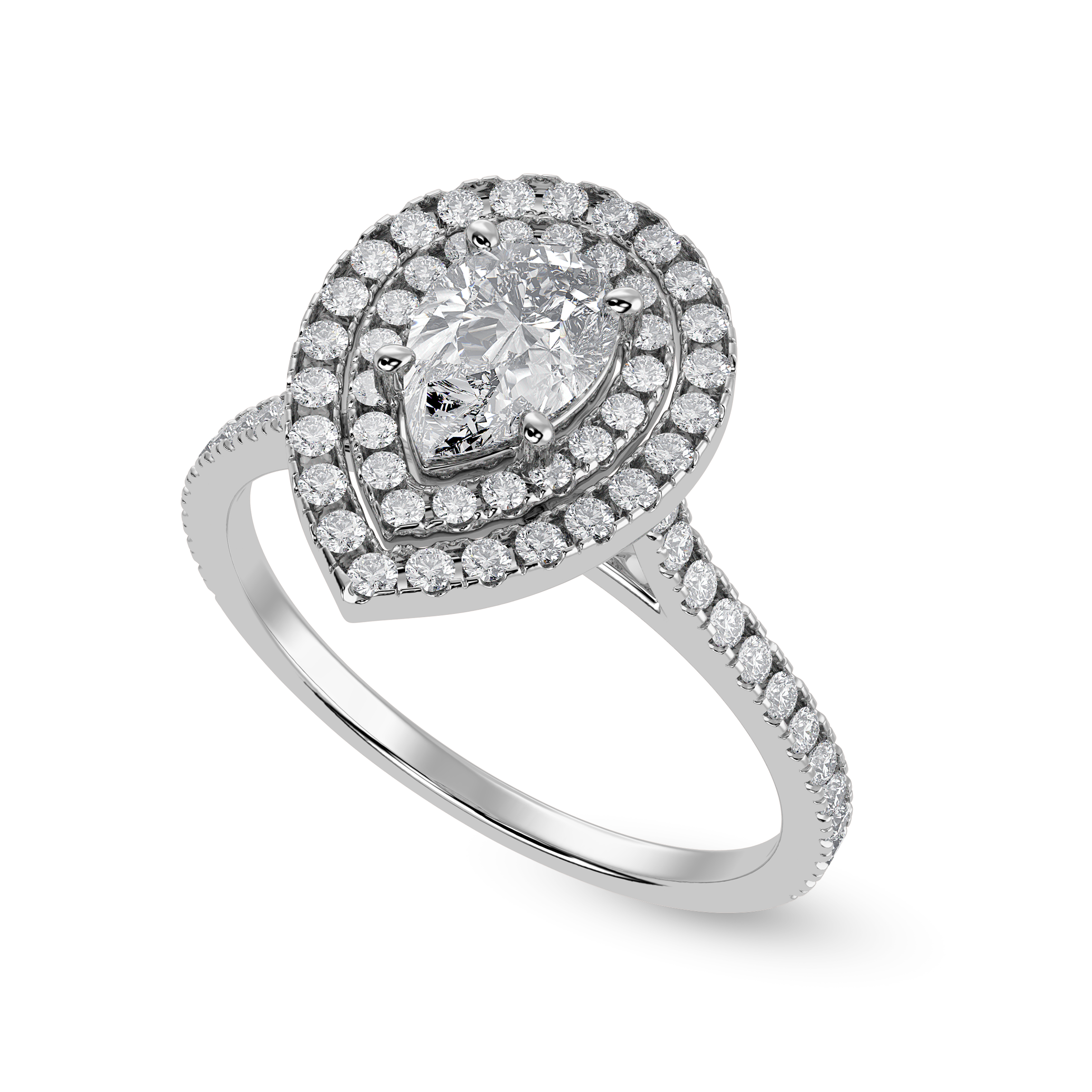 30-Pointer Pear Cut Solitaire Double Halo Diamond Shank Platinum Ring JL PT 1300   Jewelove.US