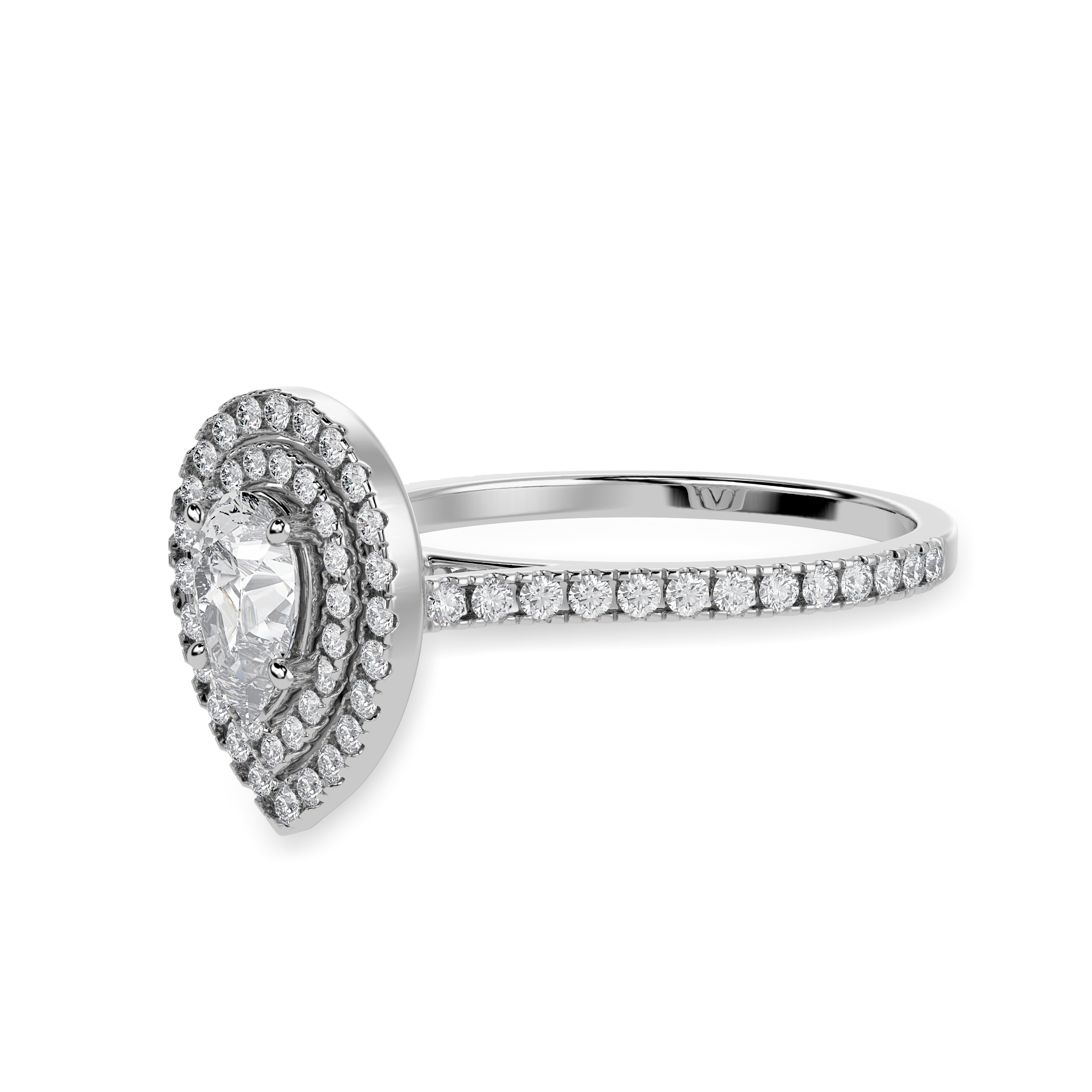 30-Pointer Pear Cut Solitaire Double Halo Diamond Shank Platinum Ring JL PT 1300   Jewelove.US