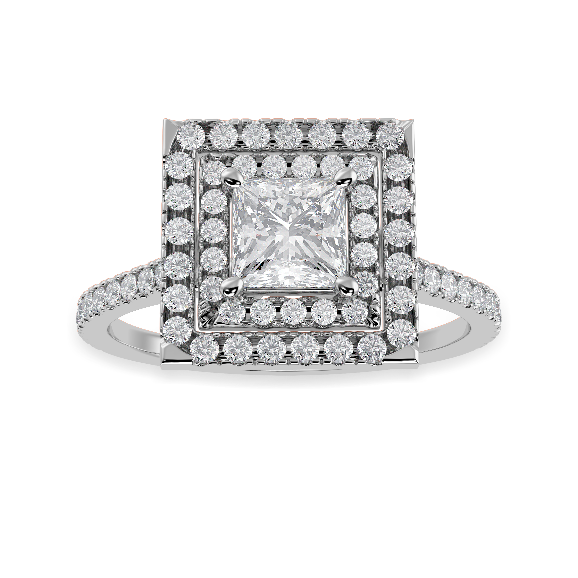 70-Pointer Princess Cut Solitaire Double Halo Diamond Shank Platinum Ring JL PT 1301-B   Jewelove.US