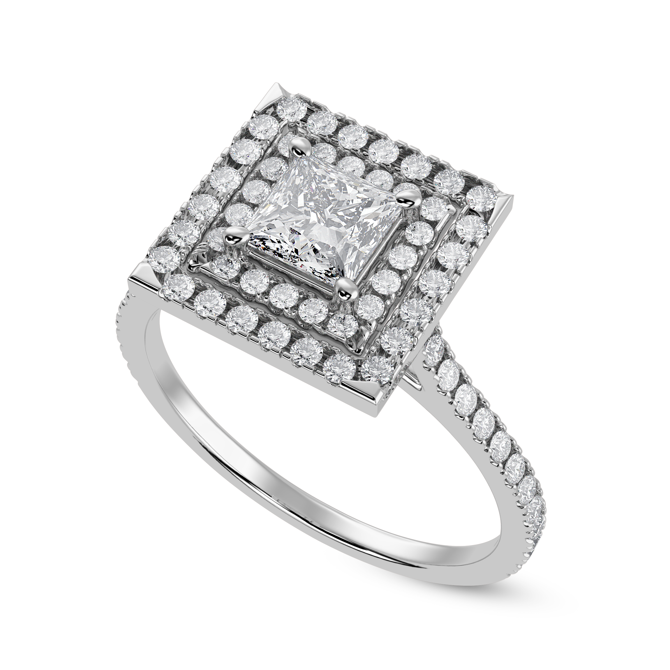 70-Pointer Princess Cut Solitaire Double Halo Diamond Shank Platinum Ring JL PT 1301-B   Jewelove.US