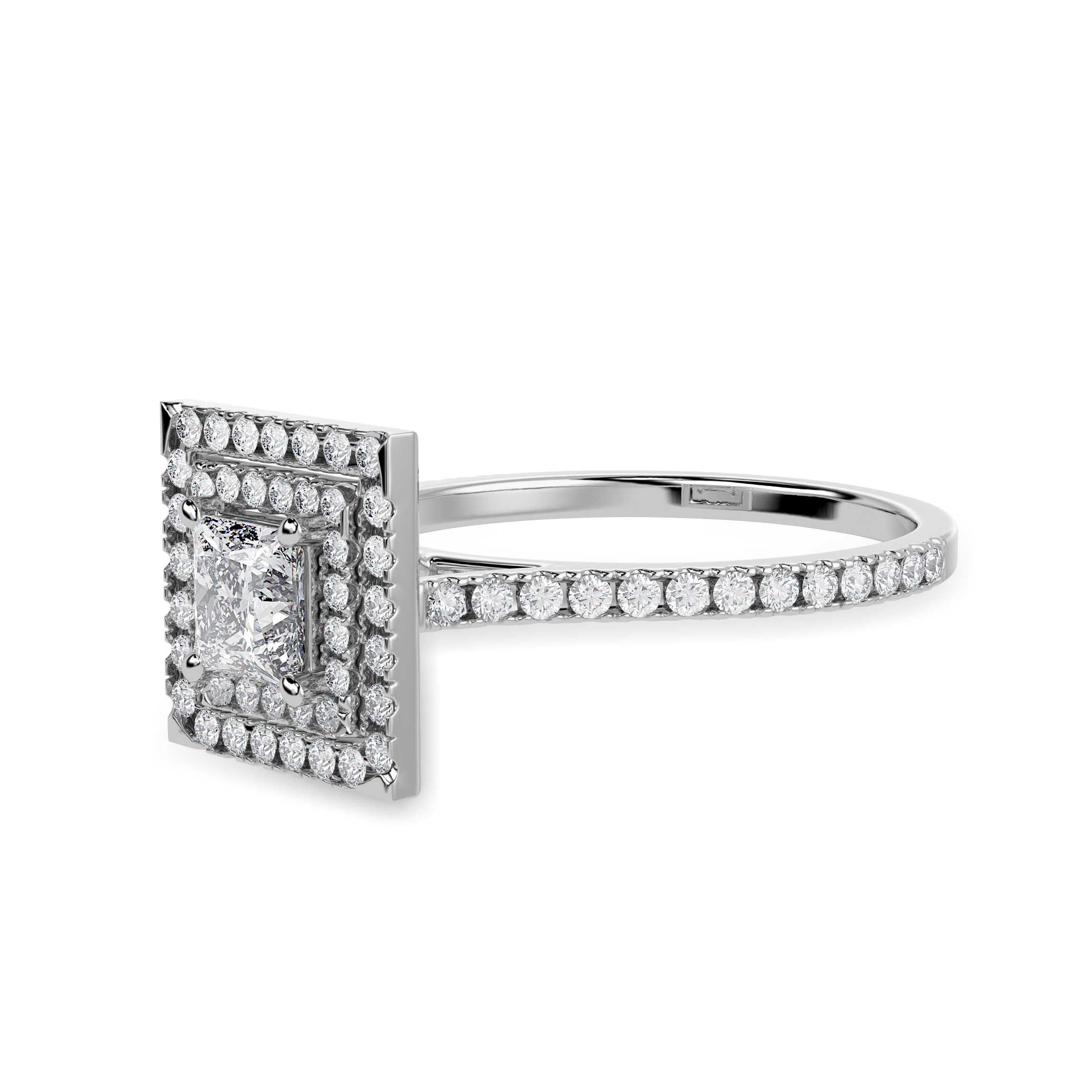 70-Pointer Princess Cut Solitaire Double Halo Diamond Shank Platinum Ring JL PT 1301-B   Jewelove.US