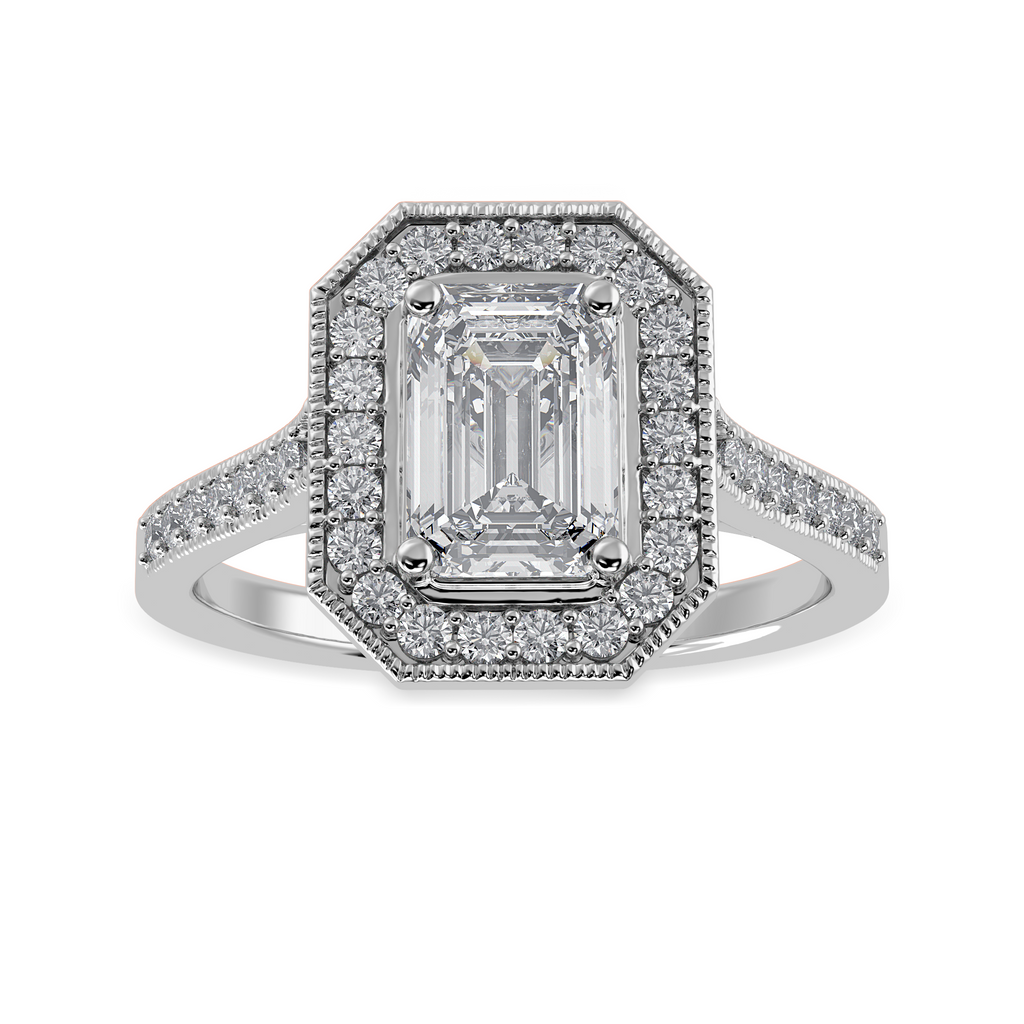 30-Pointer Emerald Cut Solitaire Halo Diamond Shank Platinum Ring JL PT 1304   Jewelove.US