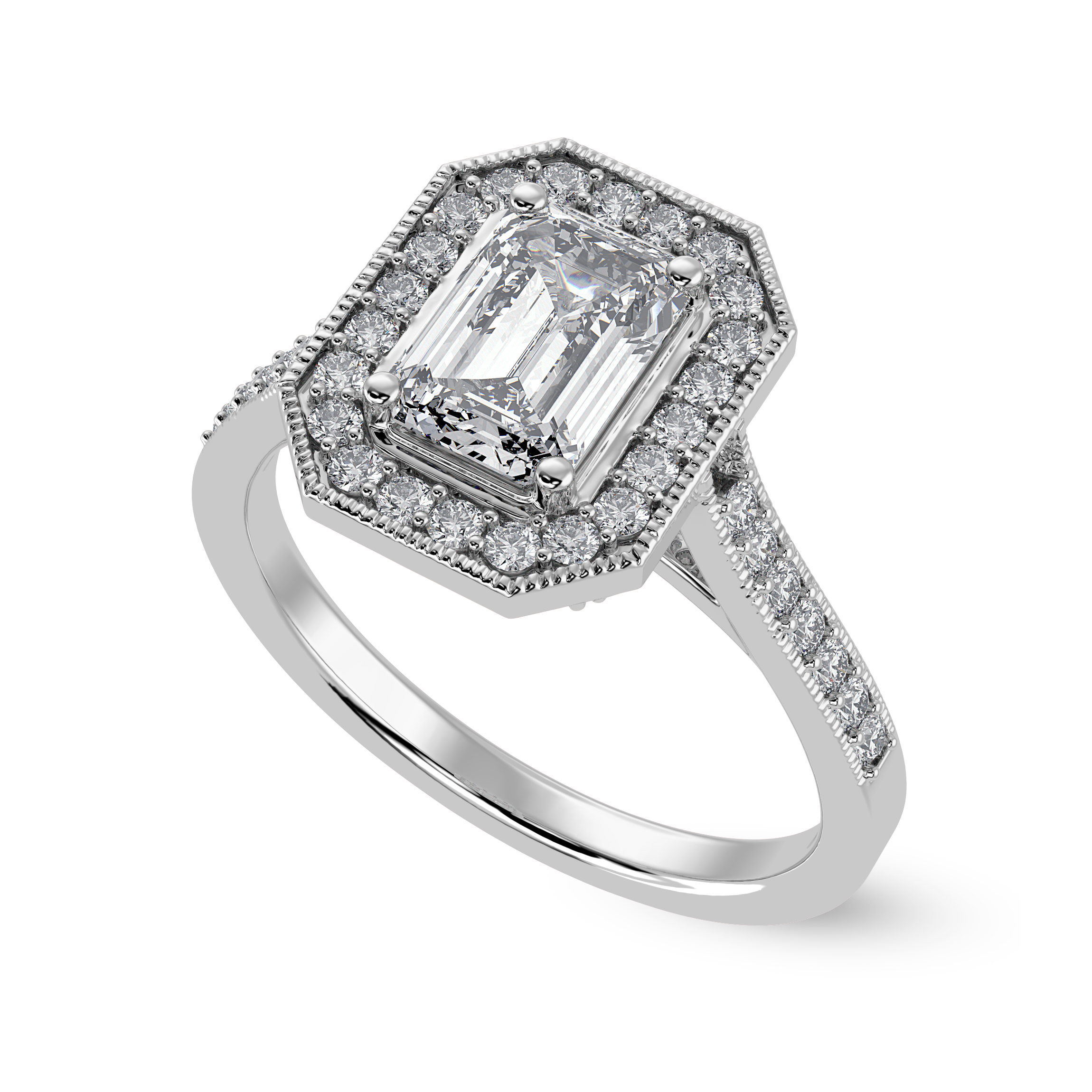 50-Pointer Emerald Cut Solitaire Halo Diamond Shank Platinum Ring JL PT 1304-A   Jewelove.US