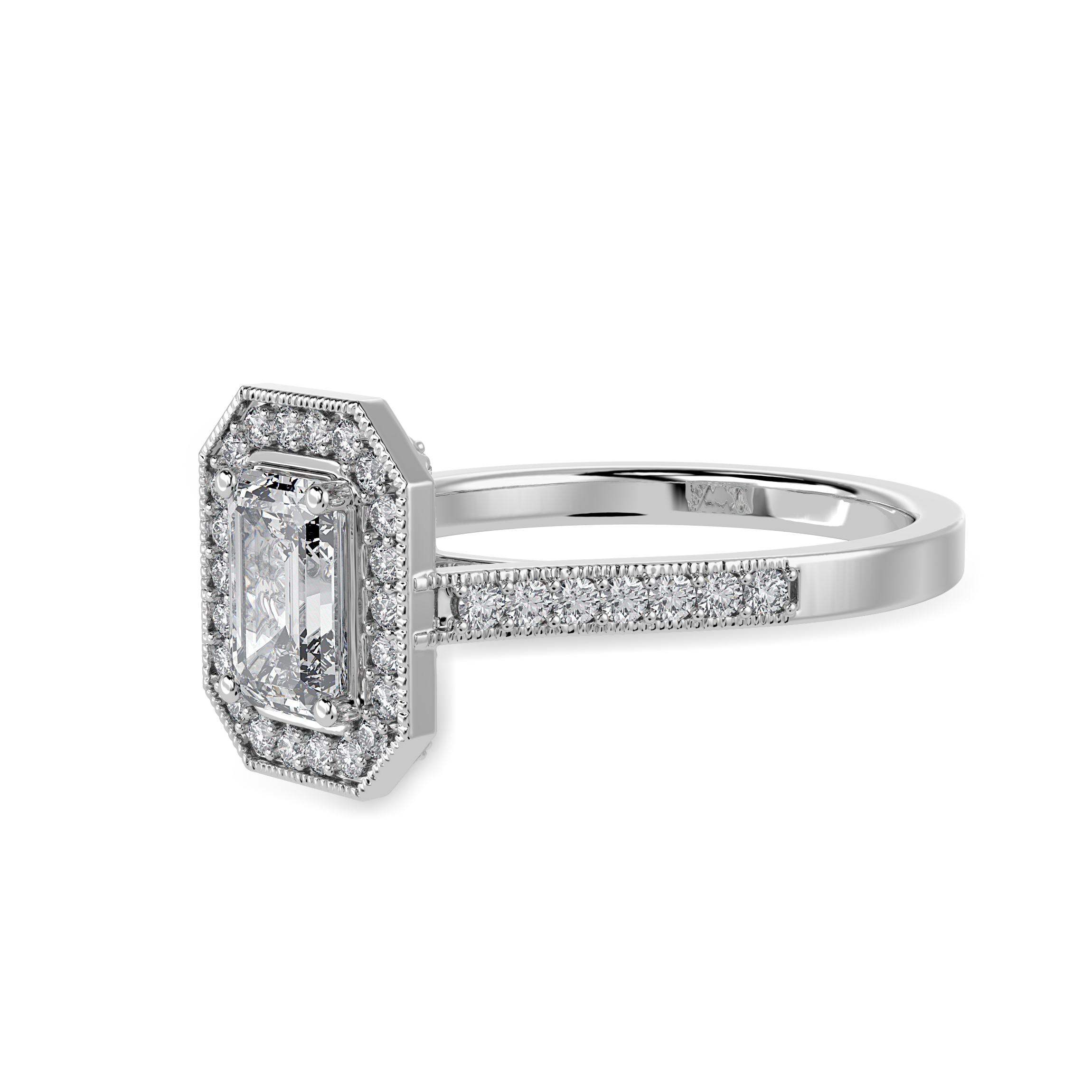 70-Pointer Emerald Cut Solitaire Halo Diamond Shank Platinum Ring JL PT 1304-B   Jewelove.US