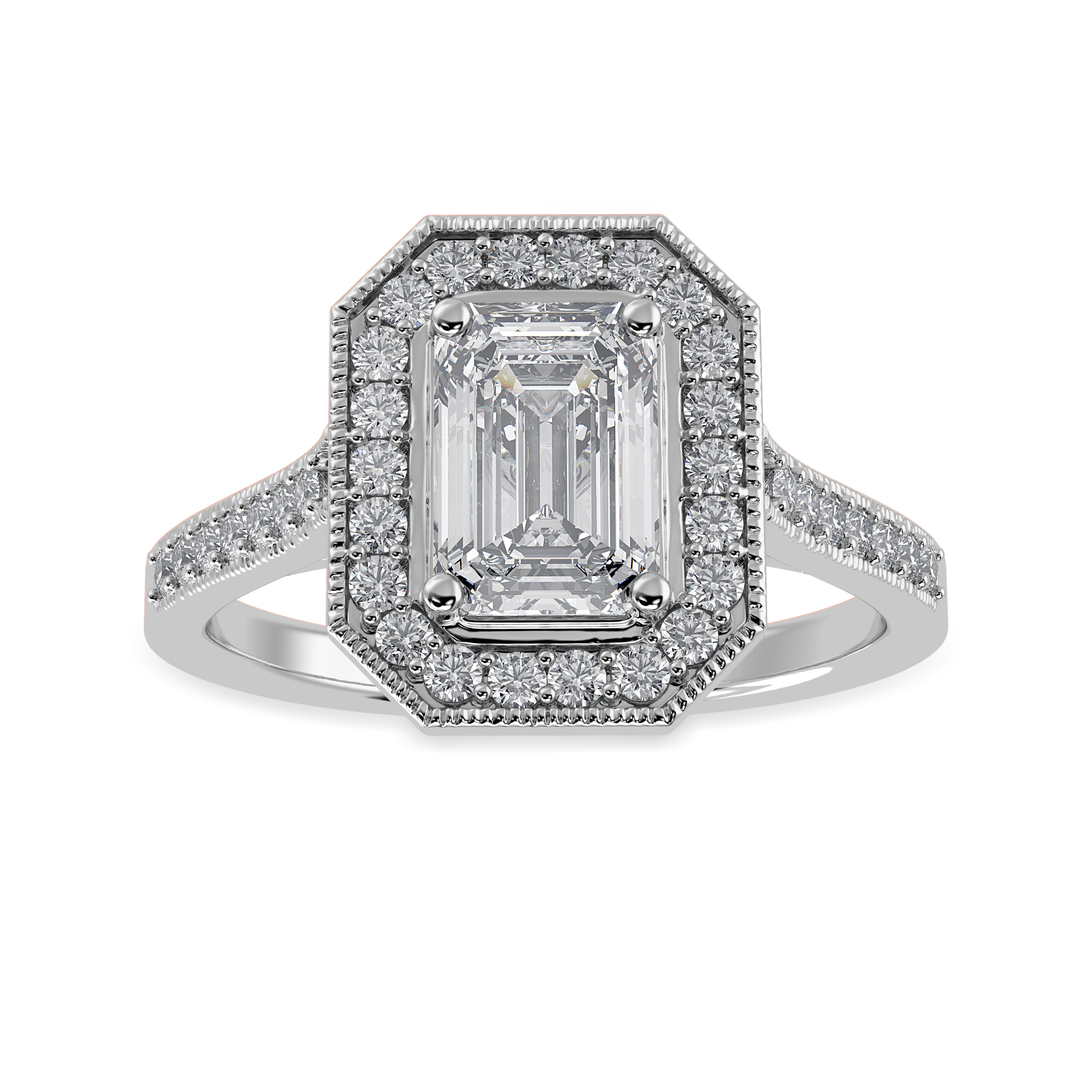 50-Pointer Emerald Cut Solitaire Halo Diamond Shank Platinum Ring JL PT 1304-A   Jewelove.US