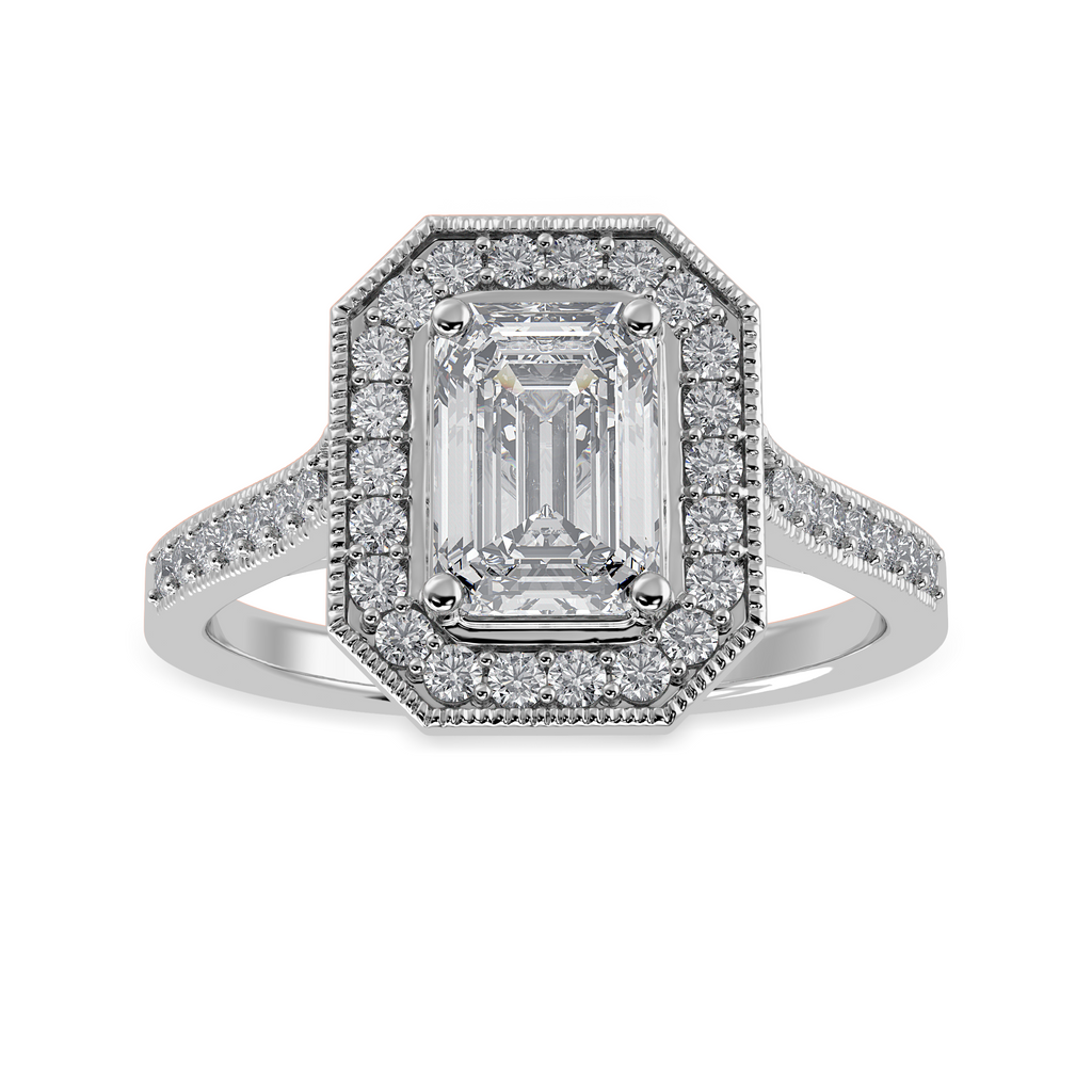 50-Pointer Emerald Cut Solitaire Halo Diamond Shank Platinum Ring JL PT 1304-A   Jewelove.US