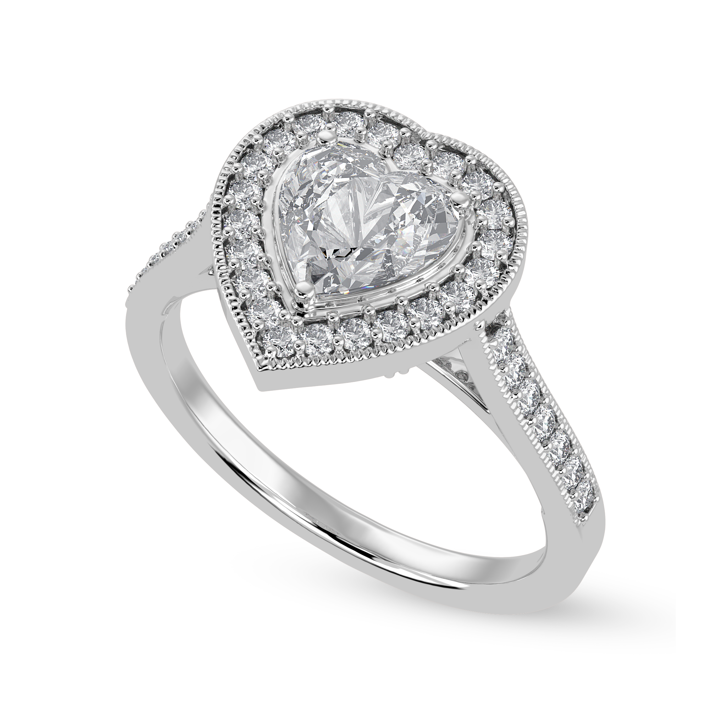 50-Pointer Heart Cut Solitaire Halo Diamond Shank Platinum Ring JL PT 1305-A   Jewelove.US