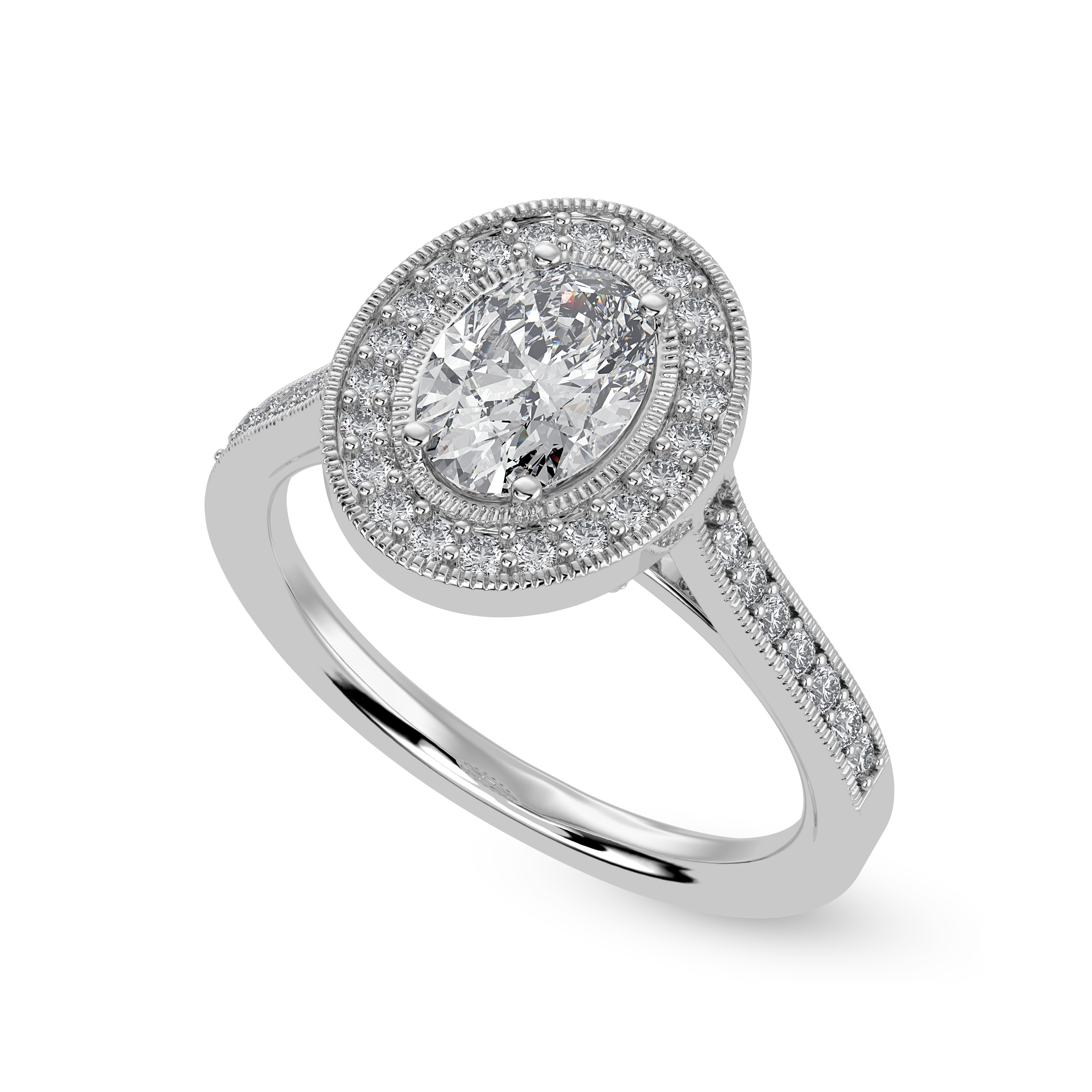 70-Pointer Oval Cut Solitaire Halo Diamond Shank Platinum Ring JL PT 1325-B   Jewelove.US