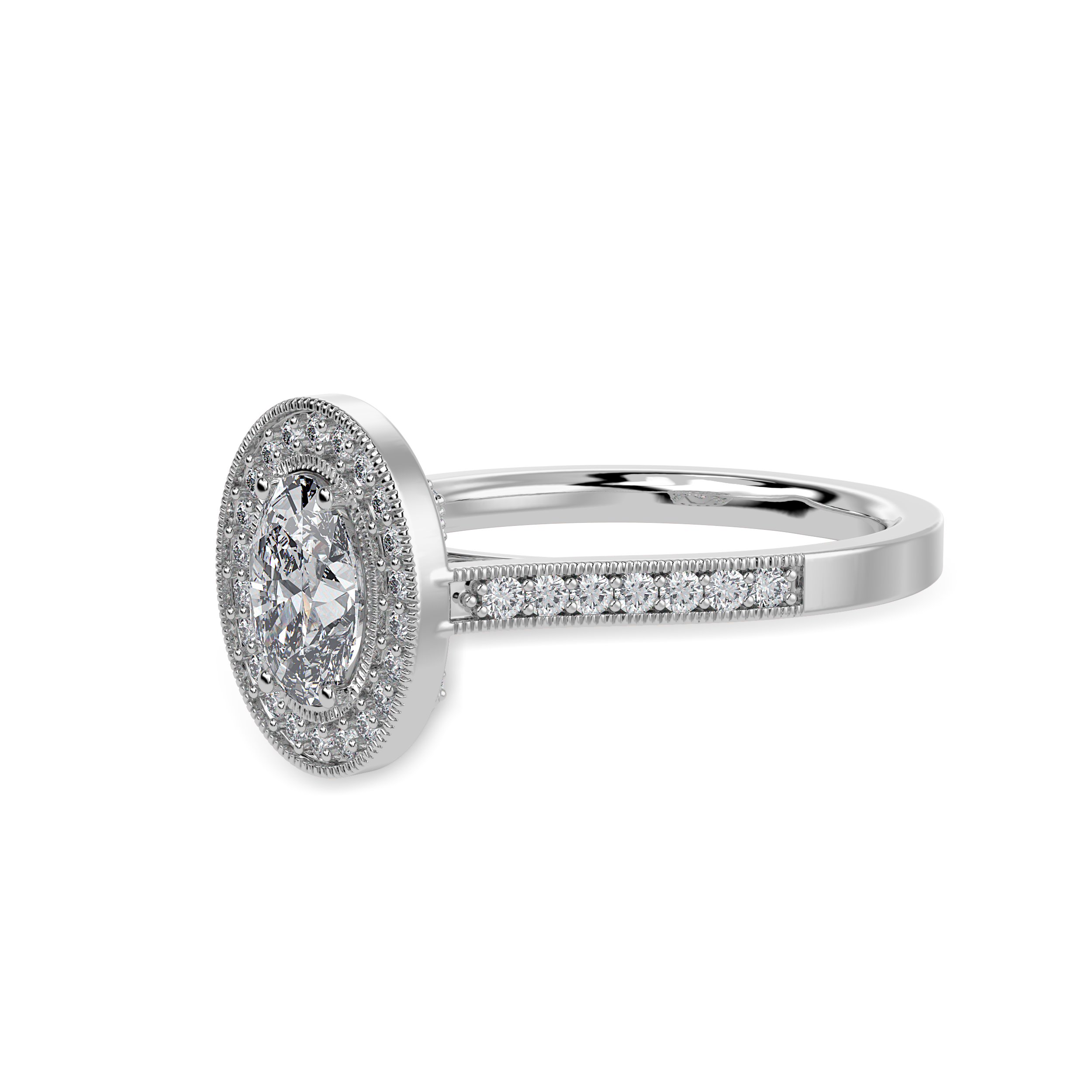 30-Pointer Oval Cut Solitaire Halo Diamond Shank Platinum Ring JL PT 1325   Jewelove.US