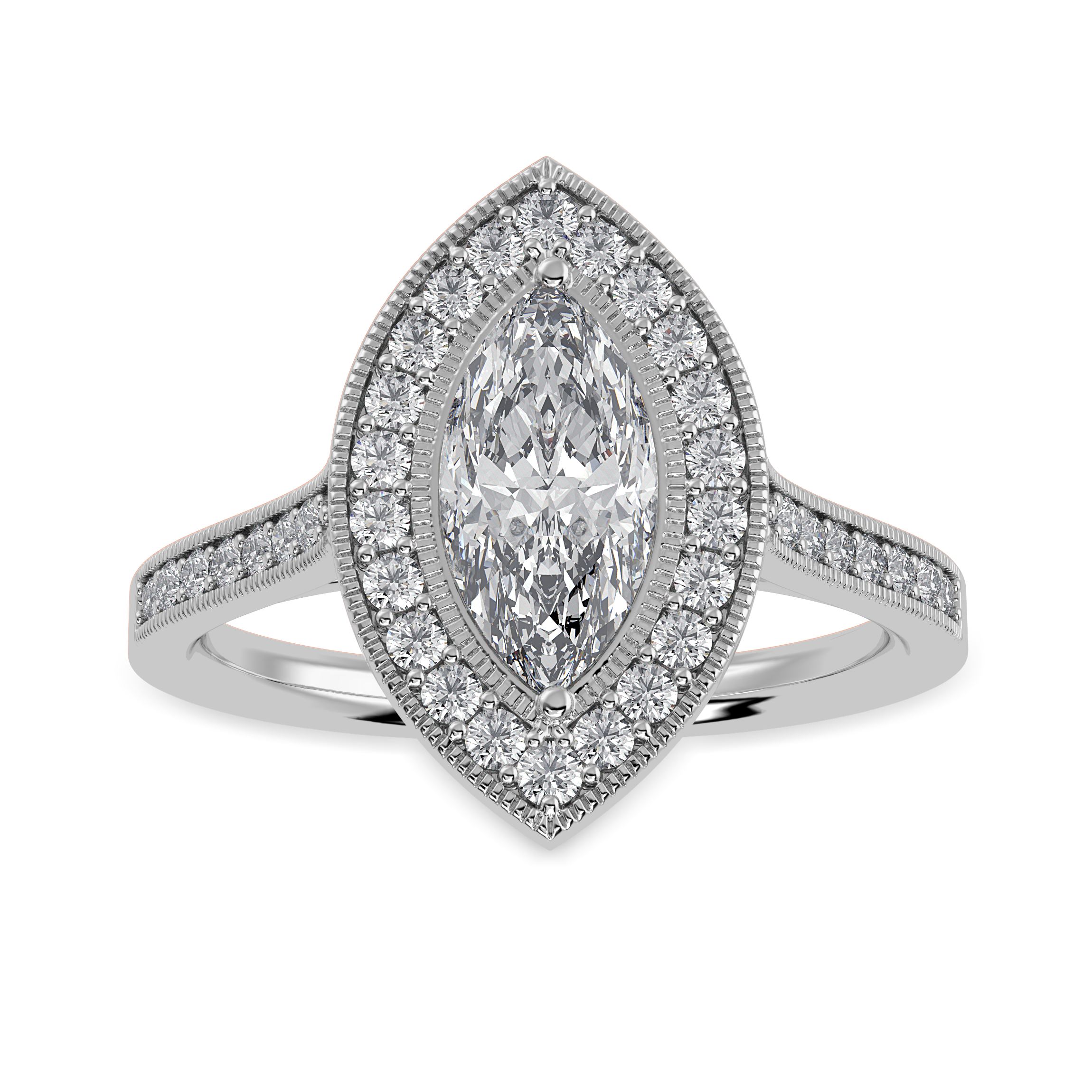 50-Pointer Marquise Cut Solitaire Halo Diamond Shank Platinum Ring JL PT 1326-A   Jewelove.US