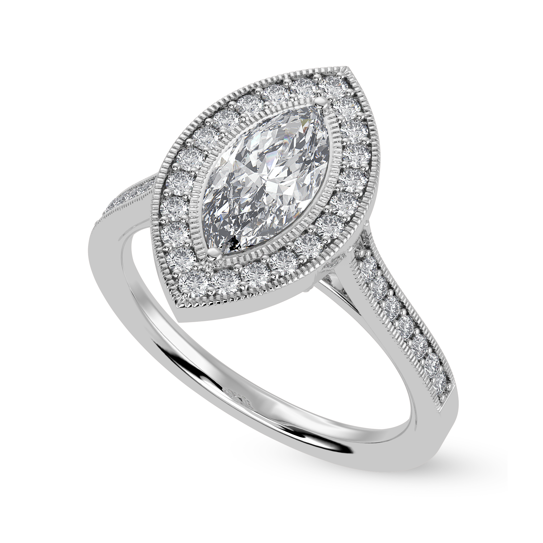 50-Pointer Marquise Cut Solitaire Halo Diamond Shank Platinum Ring JL PT 1326-A   Jewelove.US