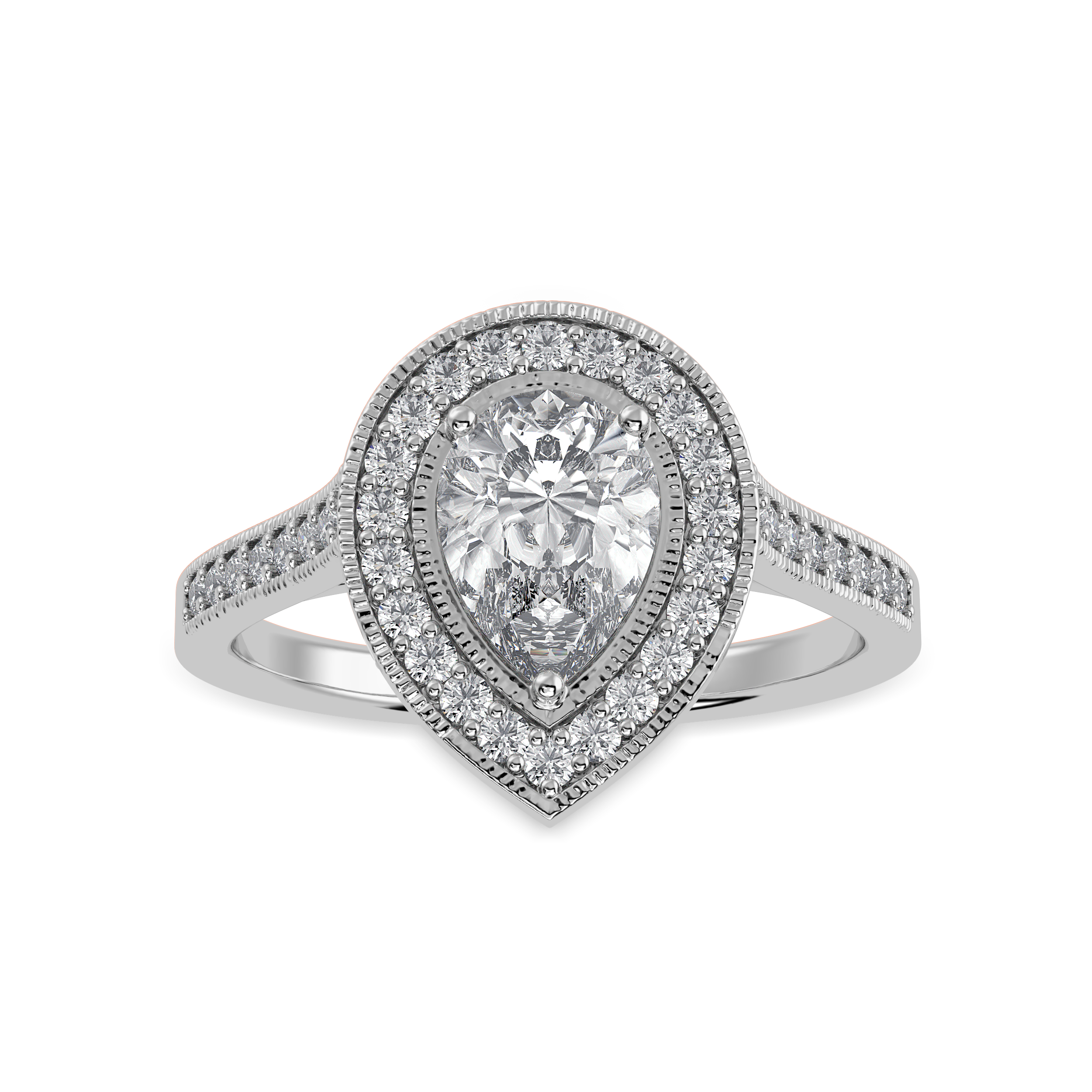 30-Pointer Pear Cut Solitaire Halo Diamond Shank Platinum Ring JL PT 1327   Jewelove.US