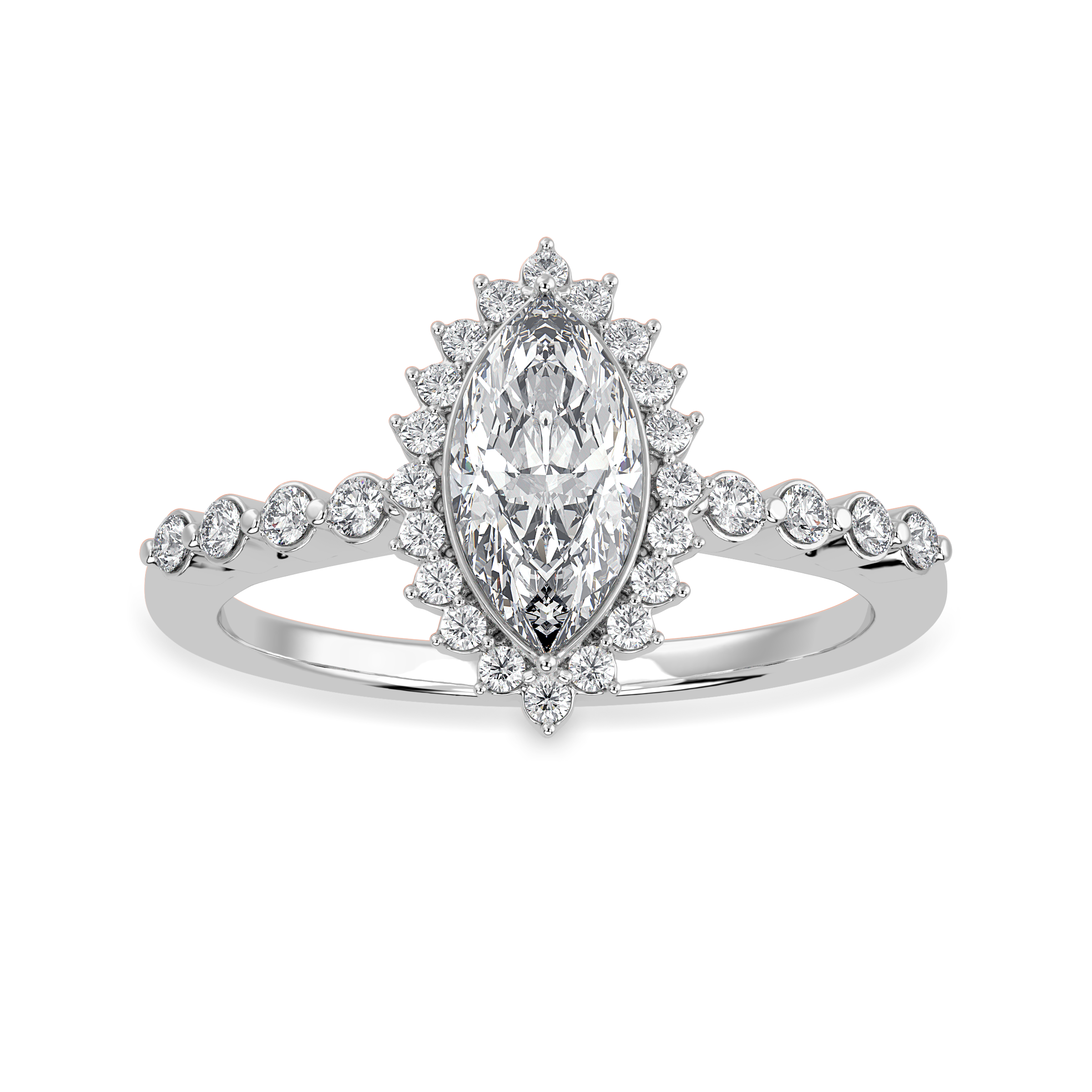 30-Pointer Marquise Cut Solitaire Halo Diamond Shank Platinum Ring JL PT 1254   Jewelove.US