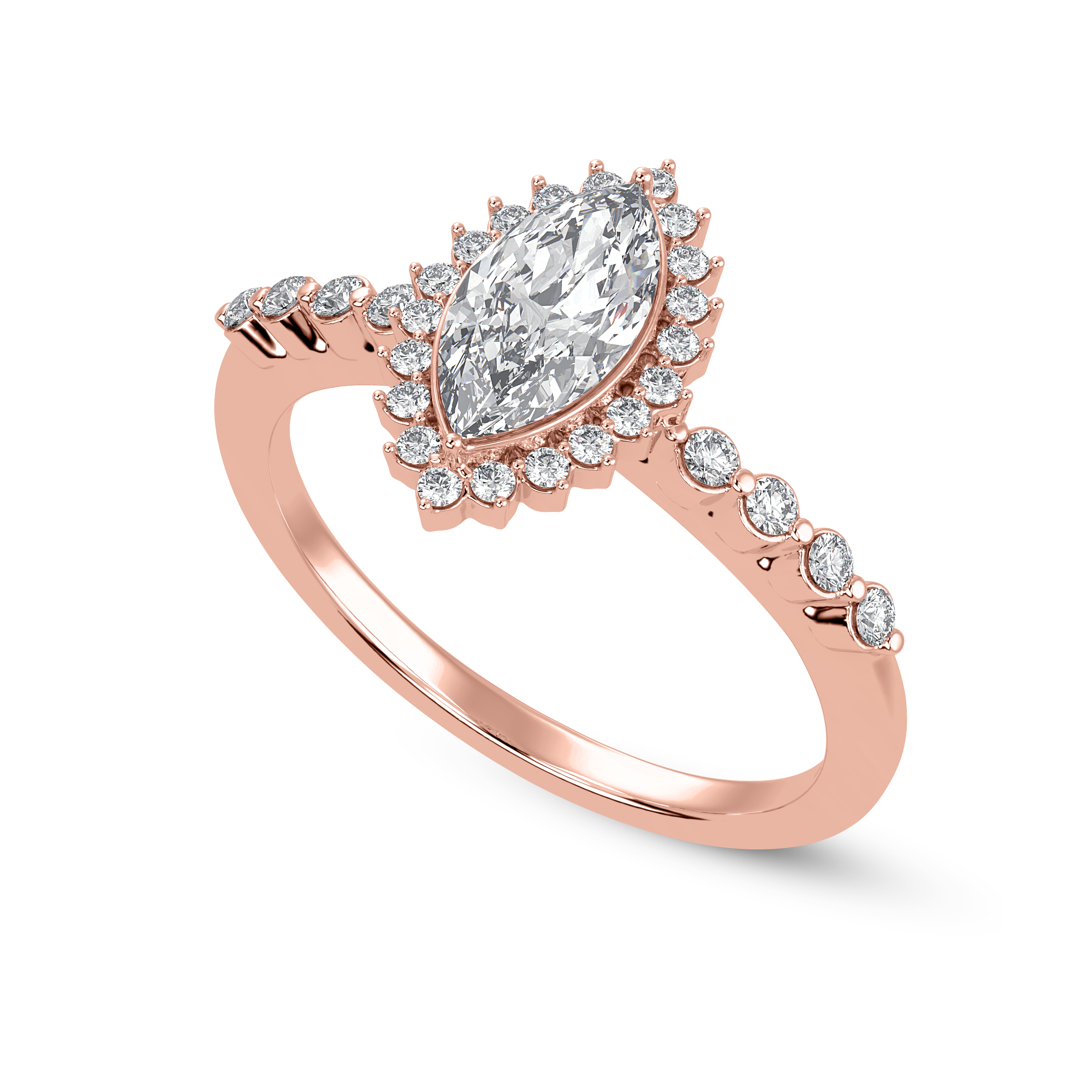 70-Pointer Marquise Cut Solitaire Halo Diamond Shank 18K Rose Gold Ring JL AU 1254R-B   Jewelove.US