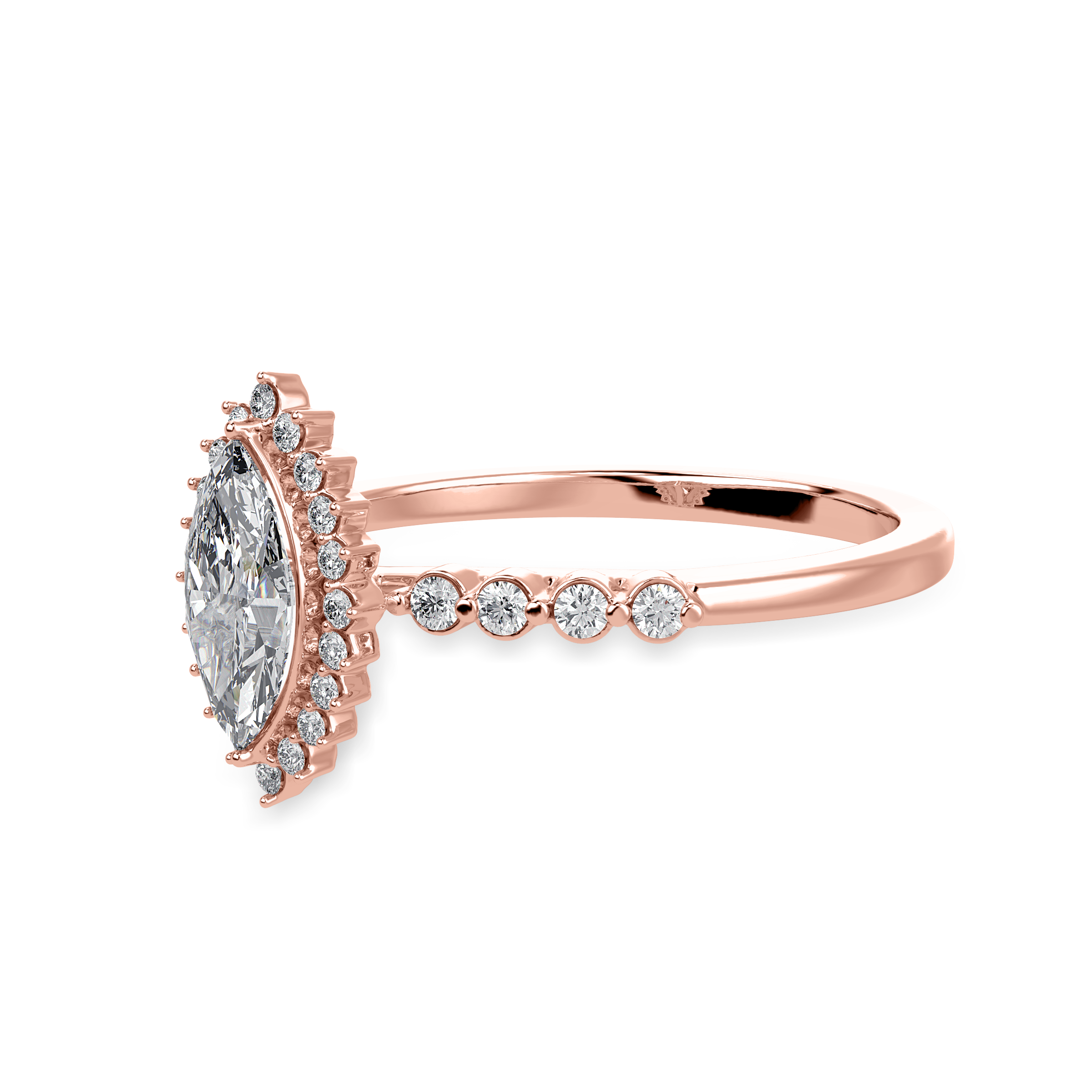 70-Pointer Marquise Cut Solitaire Halo Diamond Shank 18K Rose Gold Ring JL AU 1254R-B   Jewelove.US