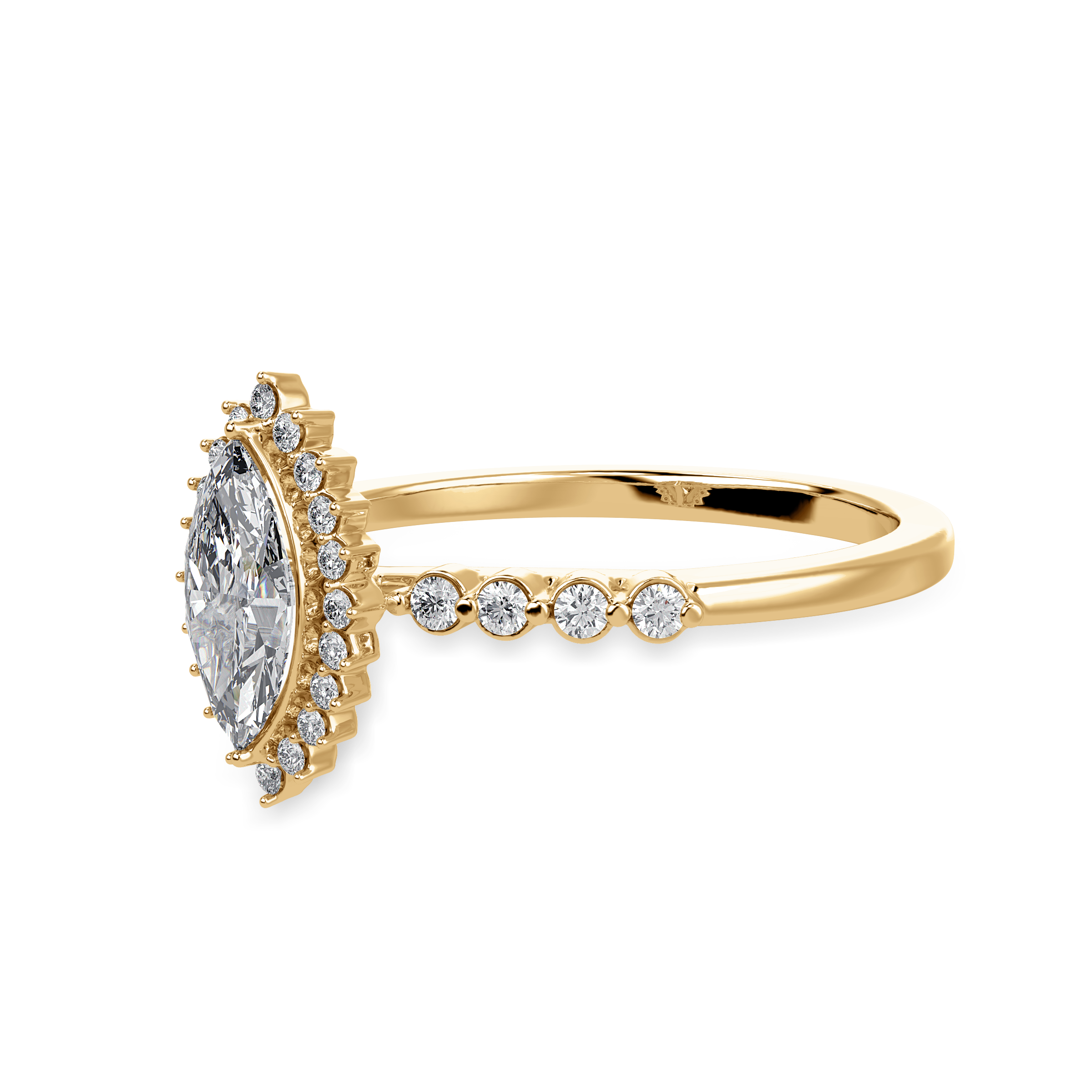 50-Pointer Marquise Cut Solitaire Halo Diamond Shank 18K Yellow Gold Ring JL AU 1254Y-A   Jewelove.US