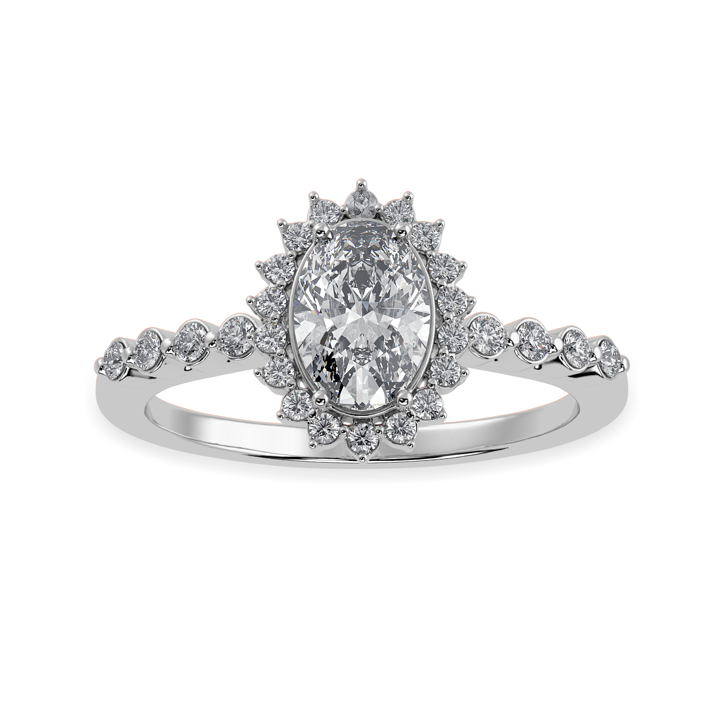 50-Pointer Oval Cut Solitaire Halo Diamond Shank Platinum Ring JL PT 1252-A   Jewelove.US