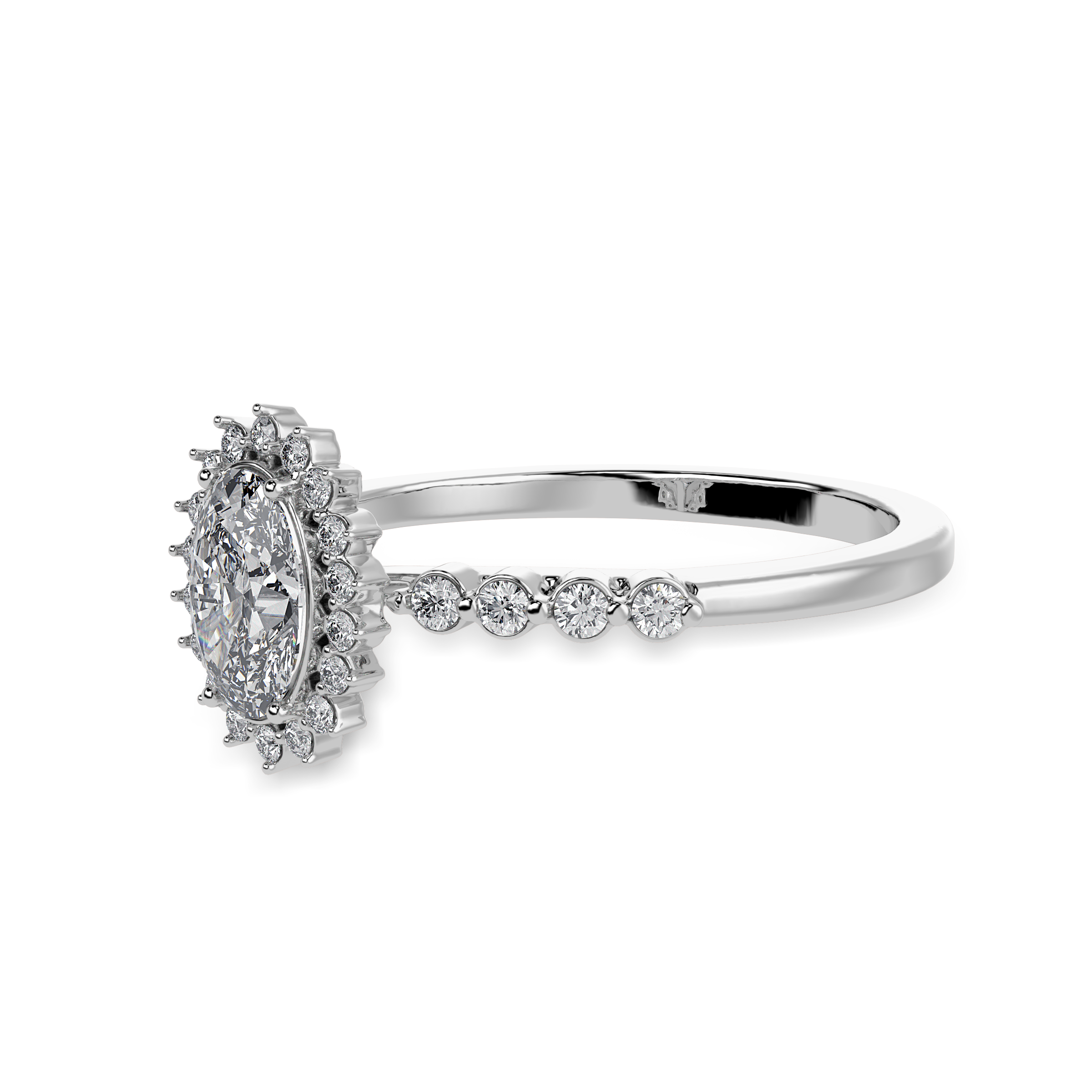 50-Pointer Oval Cut Solitaire Halo Diamond Shank Platinum Ring JL PT 1252-A   Jewelove.US