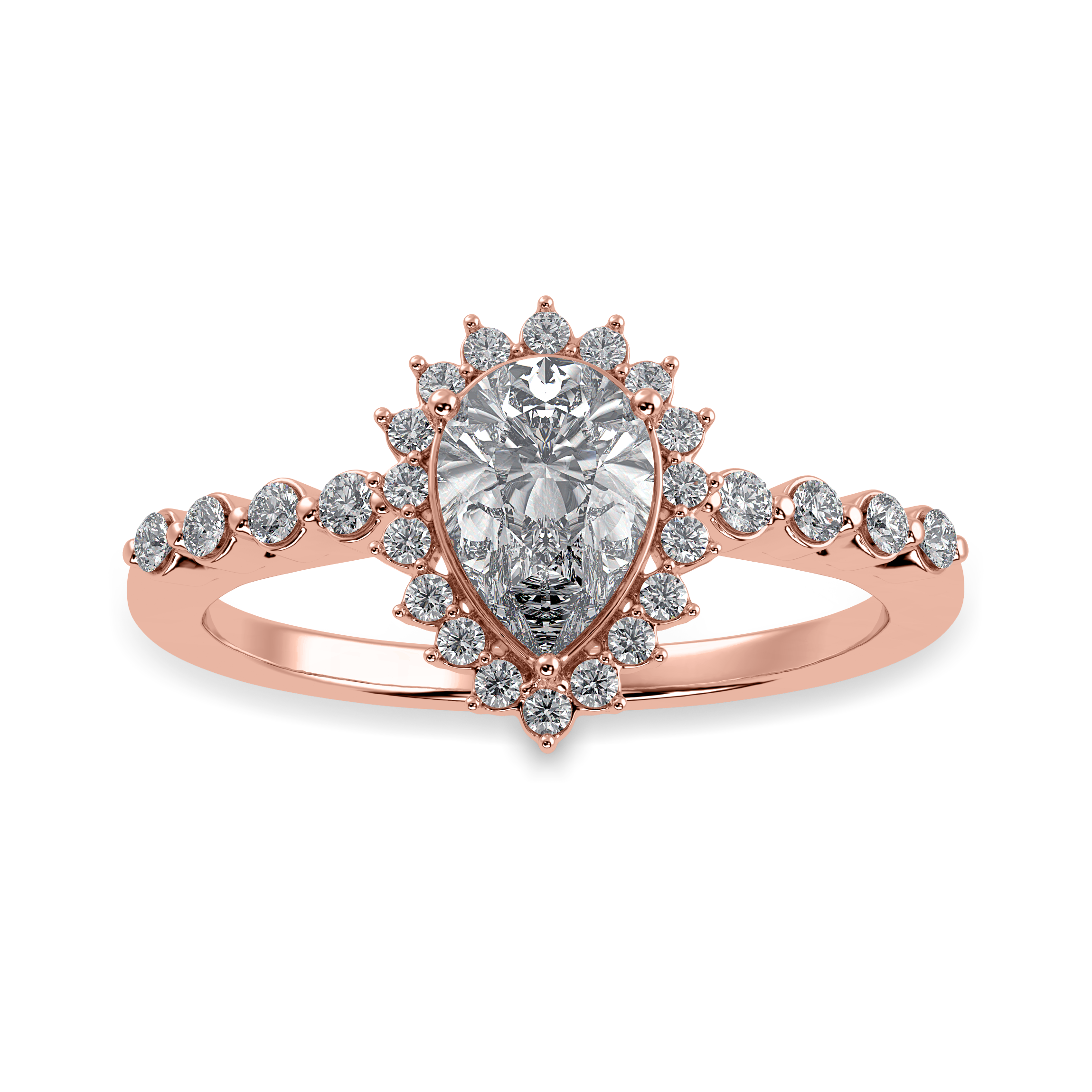 50-Pointer Pear Cut Solitaire Halo Diamond 18K Rose Gold Ring JL AU 1253R-A
