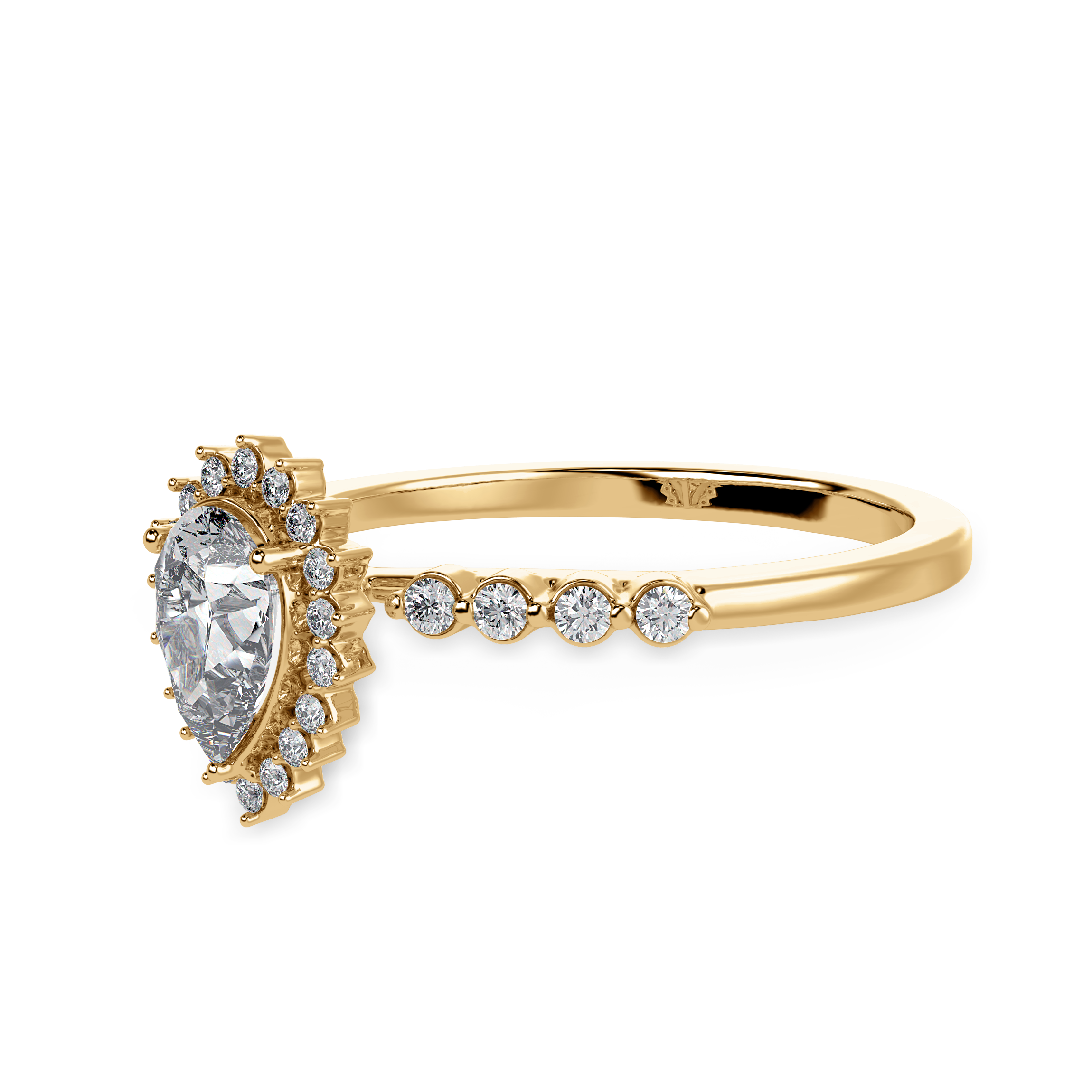 70-Pointer Pear Cut Solitaire Halo Diamond Shank 18K Yellow Gold Ring JL AU 1253Y-B   Jewelove.US