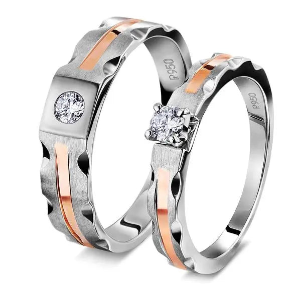 Platinum Couple Rings with Single Diamonds & Rose Gold Grooves JL PT 621  Both Jewelove.US